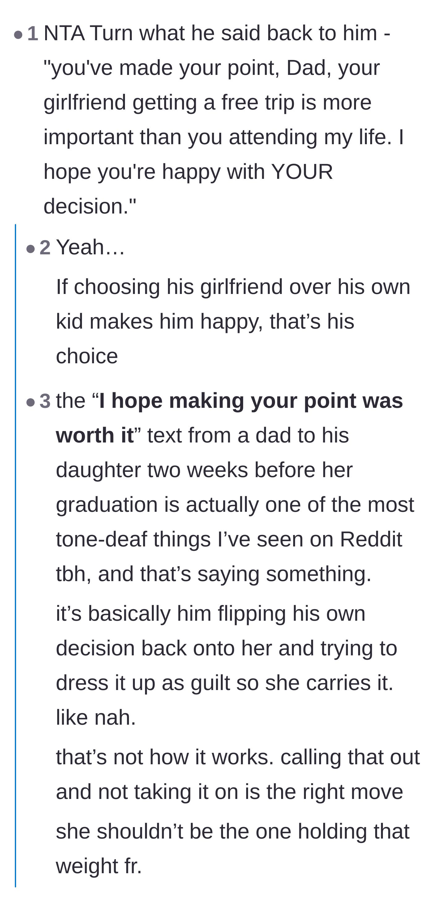 Comment thread 2 - Readers suggest firing the dad's manipulative text back at him and criticize him for prioritizing a new girlfriend over his daughter.