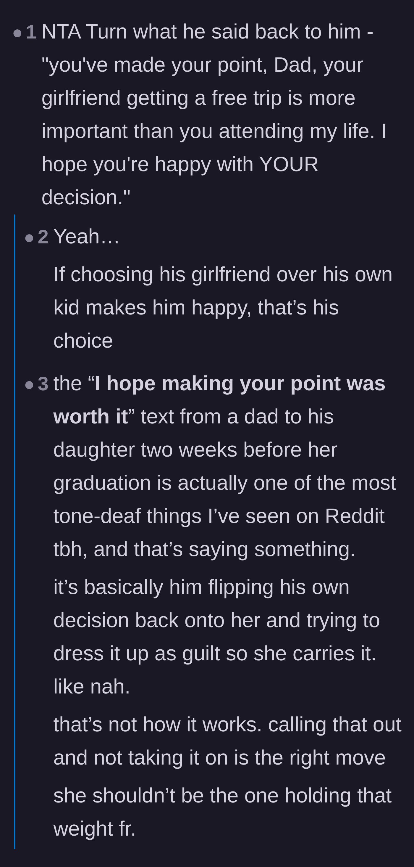 Comment thread 2 - Readers suggest firing the dad's manipulative text back at him and criticize him for prioritizing a new girlfriend over his daughter.