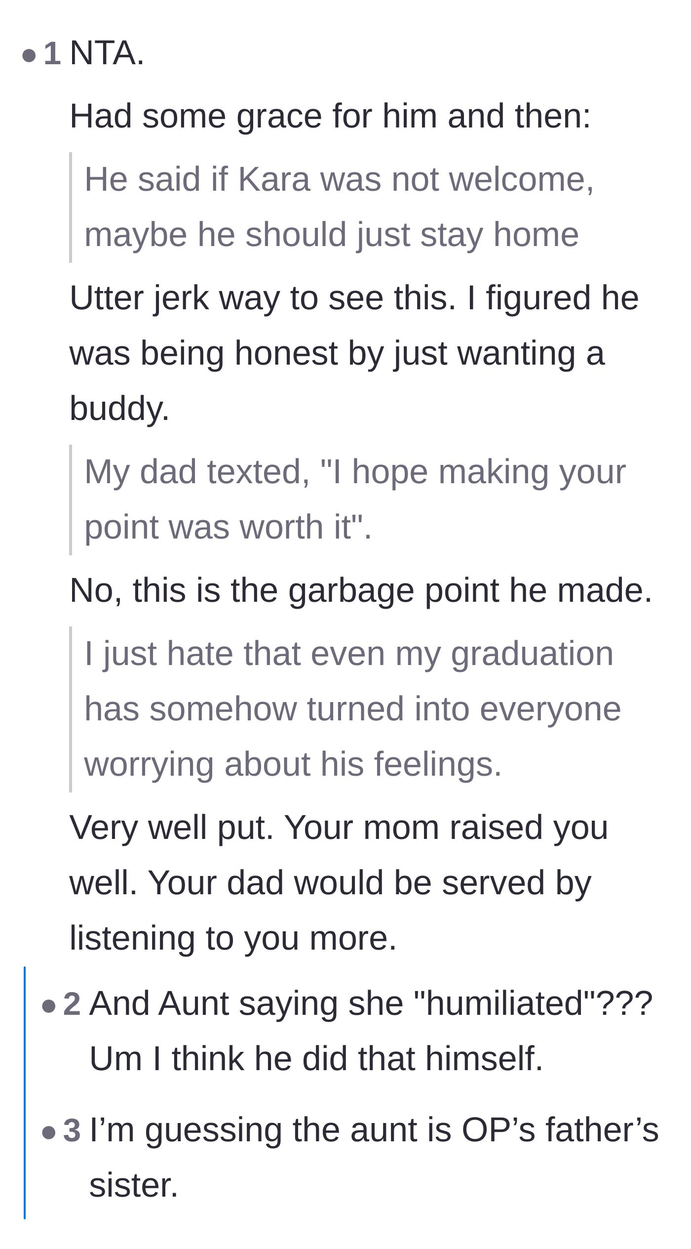 Comment thread 4 - A breakdown of the father's text messages, pointing out that he is the one turning the graduation into a stressful event.