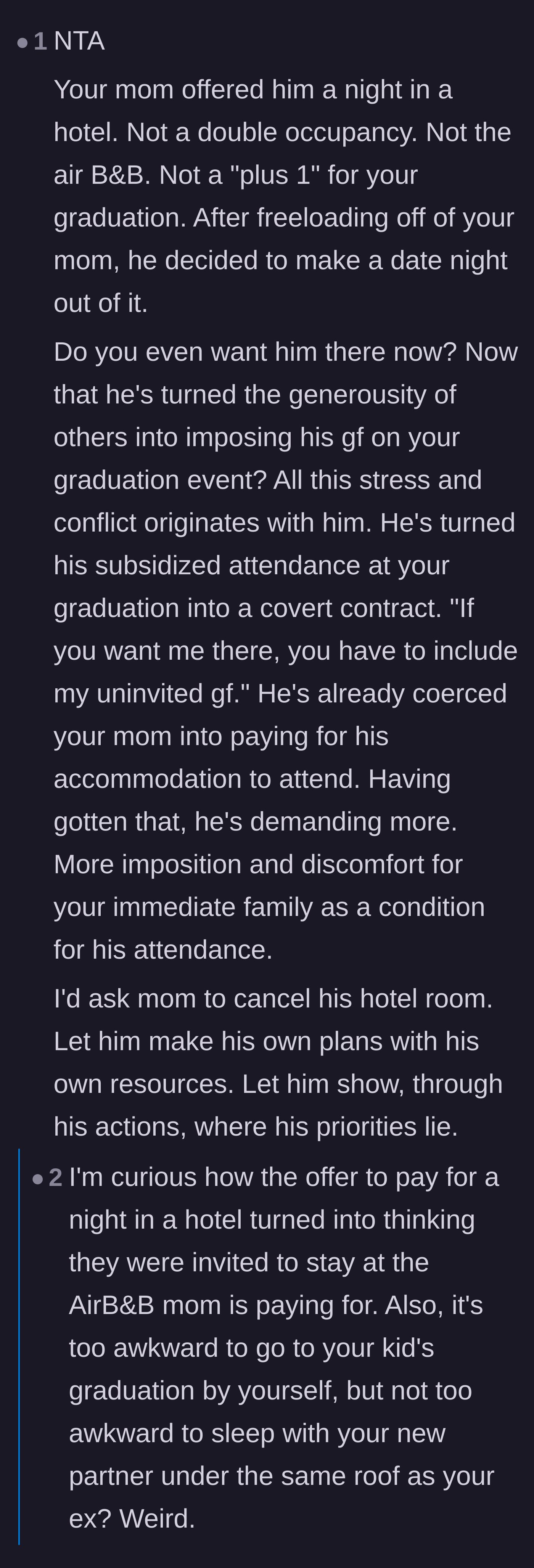 Comment thread 6 - Discussion on the staggering entitlement of the father trying to bring his girlfriend to sleep in an Airbnb paid for by his ex-wife.