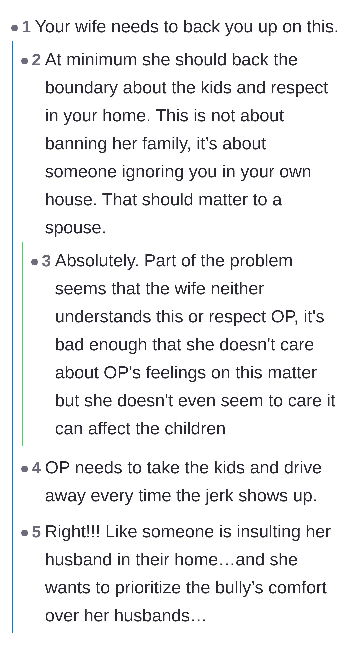 Comment thread 1 - Commenters discussing how the wife is failing to back her husband, suggesting he take the kids and leave the house whenever the brother-in-law arrives.