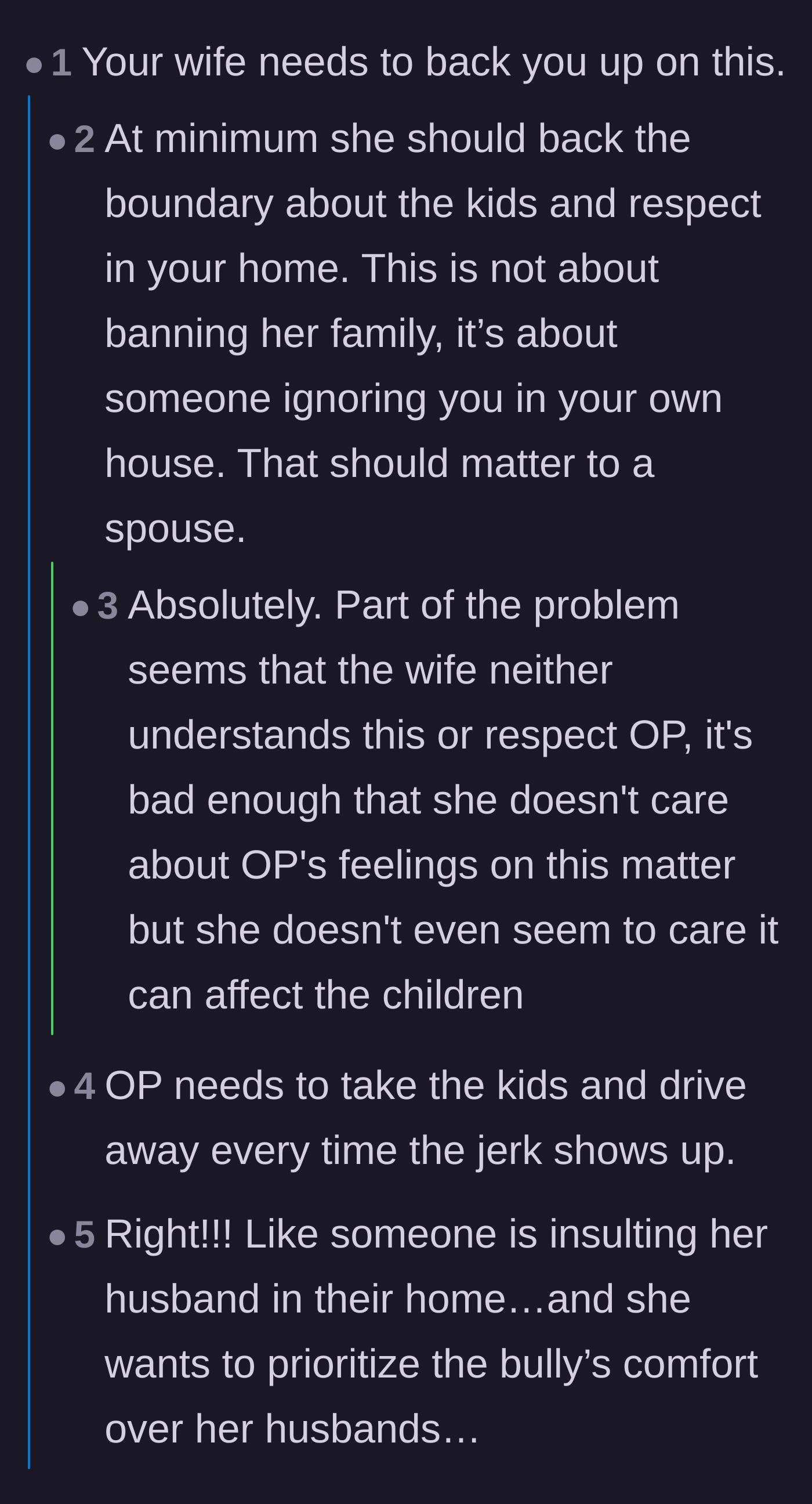 Comment thread 1 - Commenters discussing how the wife is failing to back her husband, suggesting he take the kids and leave the house whenever the brother-in-law arrives.