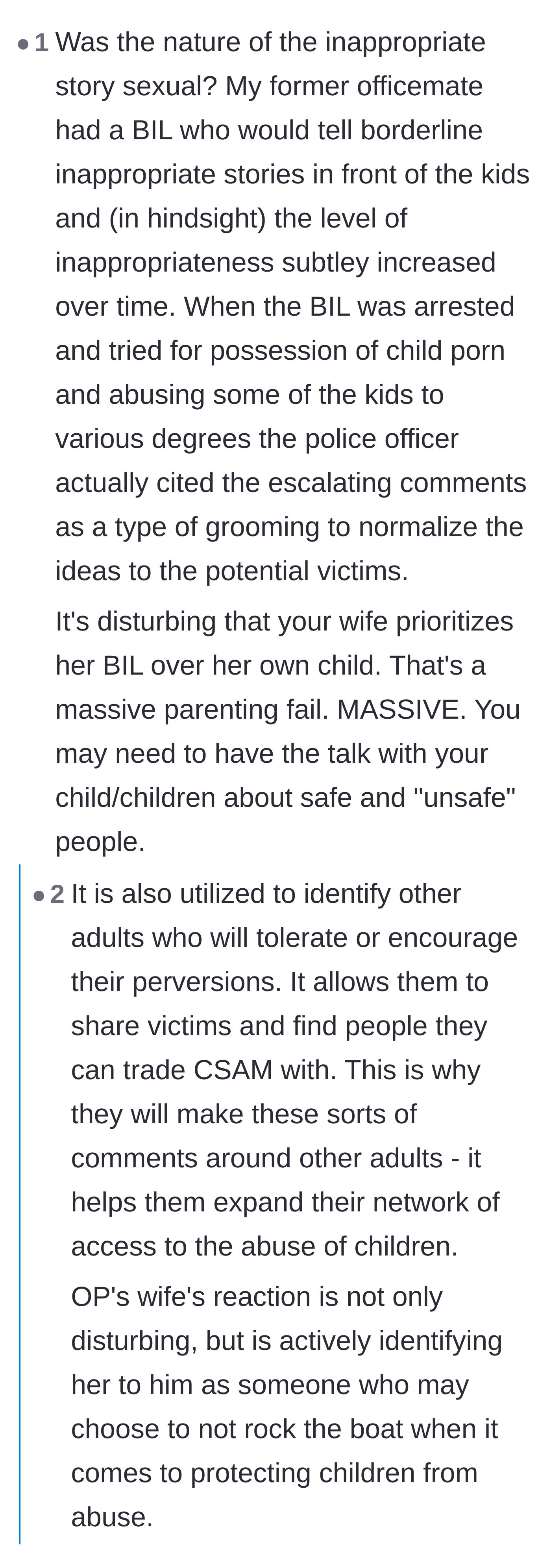 Comment thread 2 - A deep dive into the darker implications of the brother-in-law telling inappropriate stories, comparing it to grooming behavior and testing adult compliance.