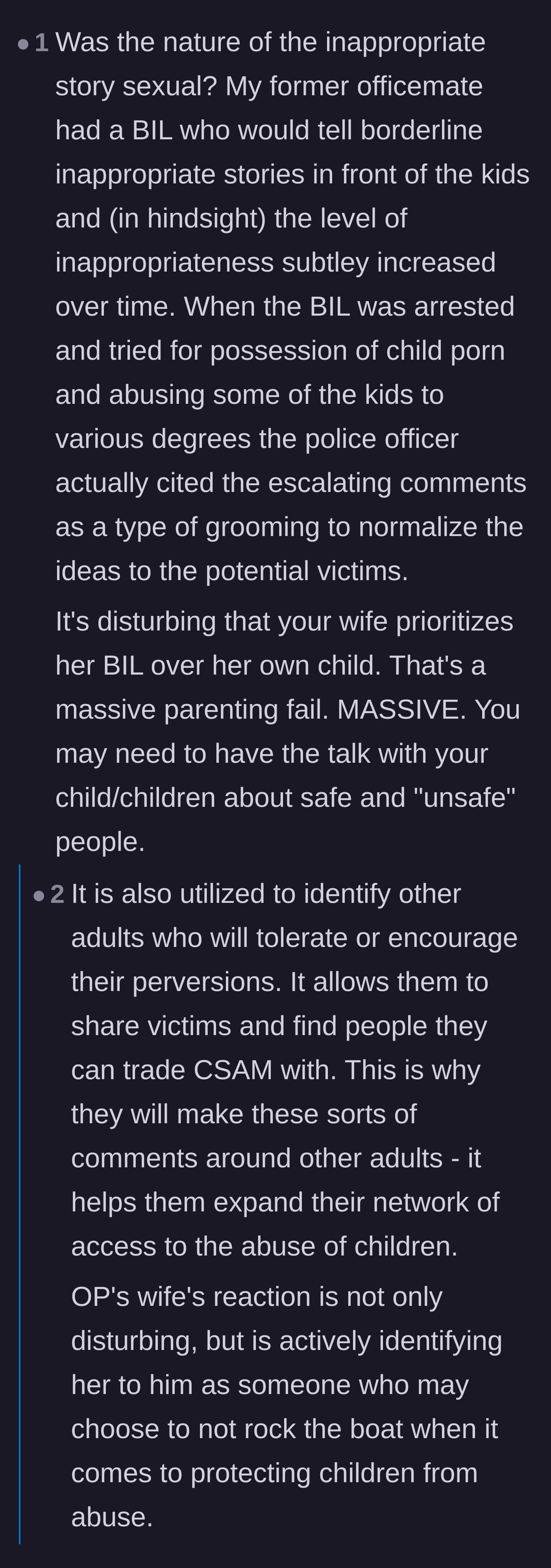 Comment thread 2 - A deep dive into the darker implications of the brother-in-law telling inappropriate stories, comparing it to grooming behavior and testing adult compliance.