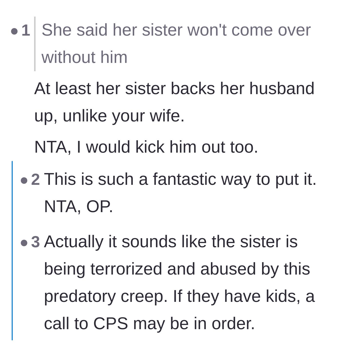 Comment thread 3 - A commenter pointing out the glaring irony that the sister is fiercely loyal to her terrible husband, while the author's wife refuses to support him.
