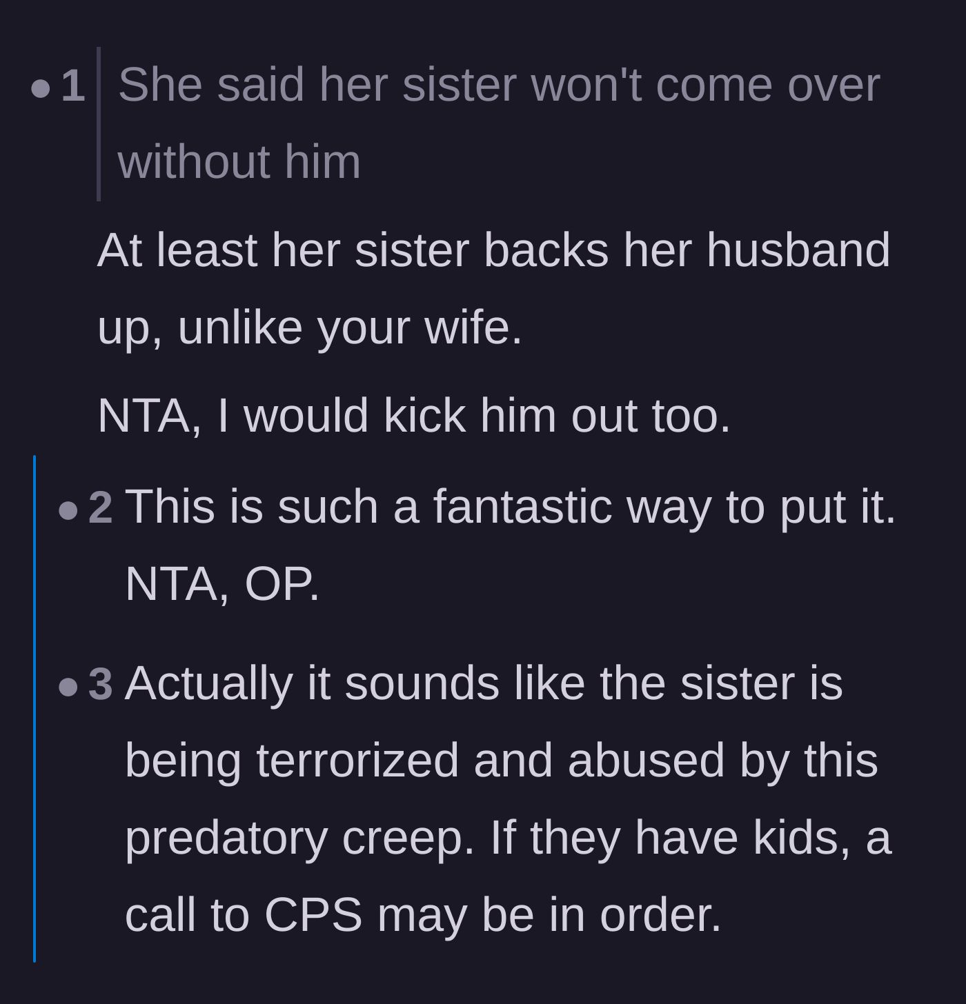 Comment thread 3 - A commenter pointing out the glaring irony that the sister is fiercely loyal to her terrible husband, while the author's wife refuses to support him.