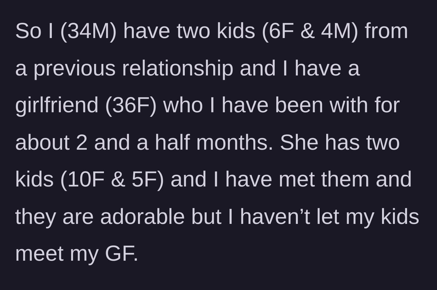 Story part 1 - A father explains he has been dating a fellow parent for two and a half months but hasn't introduced her to his kids yet.