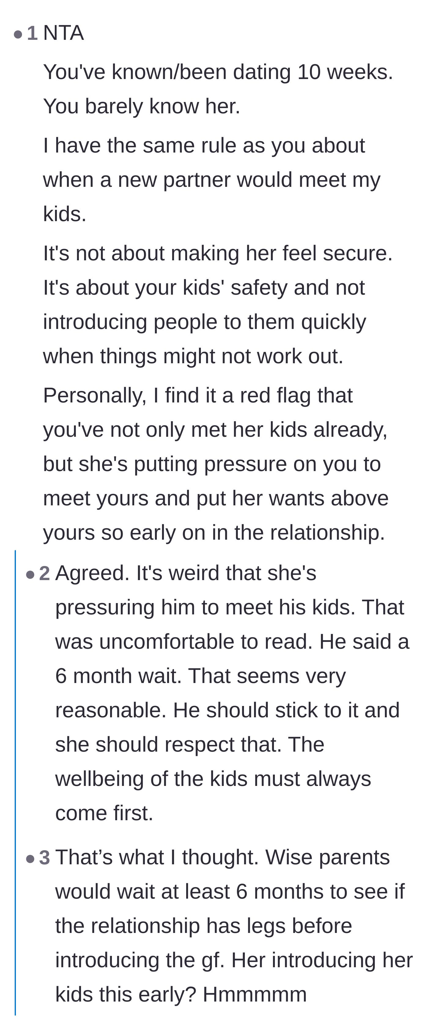 Comment thread 1 - Readers calling out the ten-week timeline and the girlfriend's pressure as major red flags.