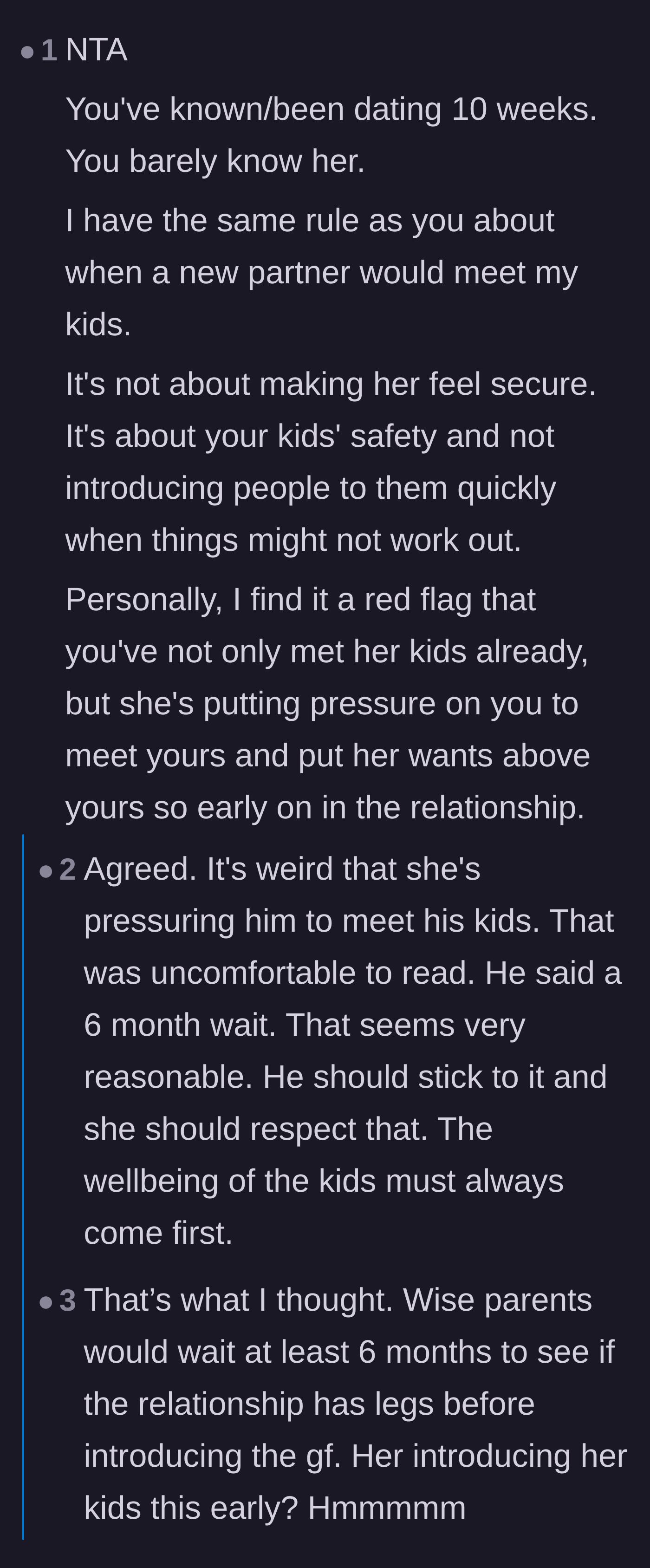 Comment thread 1 - Readers calling out the ten-week timeline and the girlfriend's pressure as major red flags.