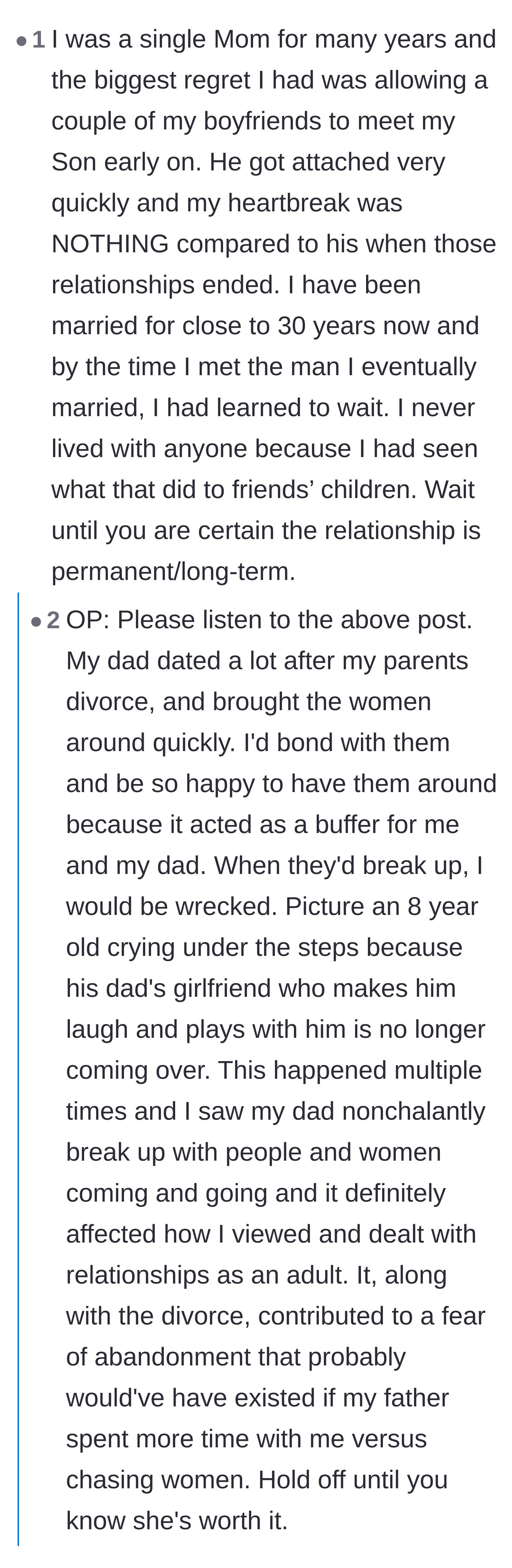 Comment thread 2 - A formerly single mother and a child of divorce sharing gut-wrenching stories about kids getting attached to temporary partners.