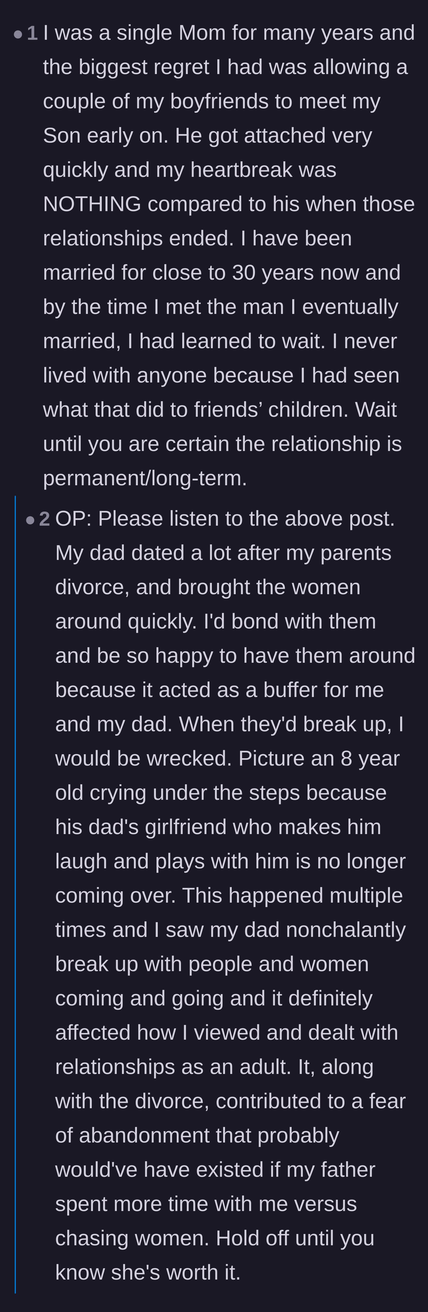 Comment thread 2 - A formerly single mother and a child of divorce sharing gut-wrenching stories about kids getting attached to temporary partners.