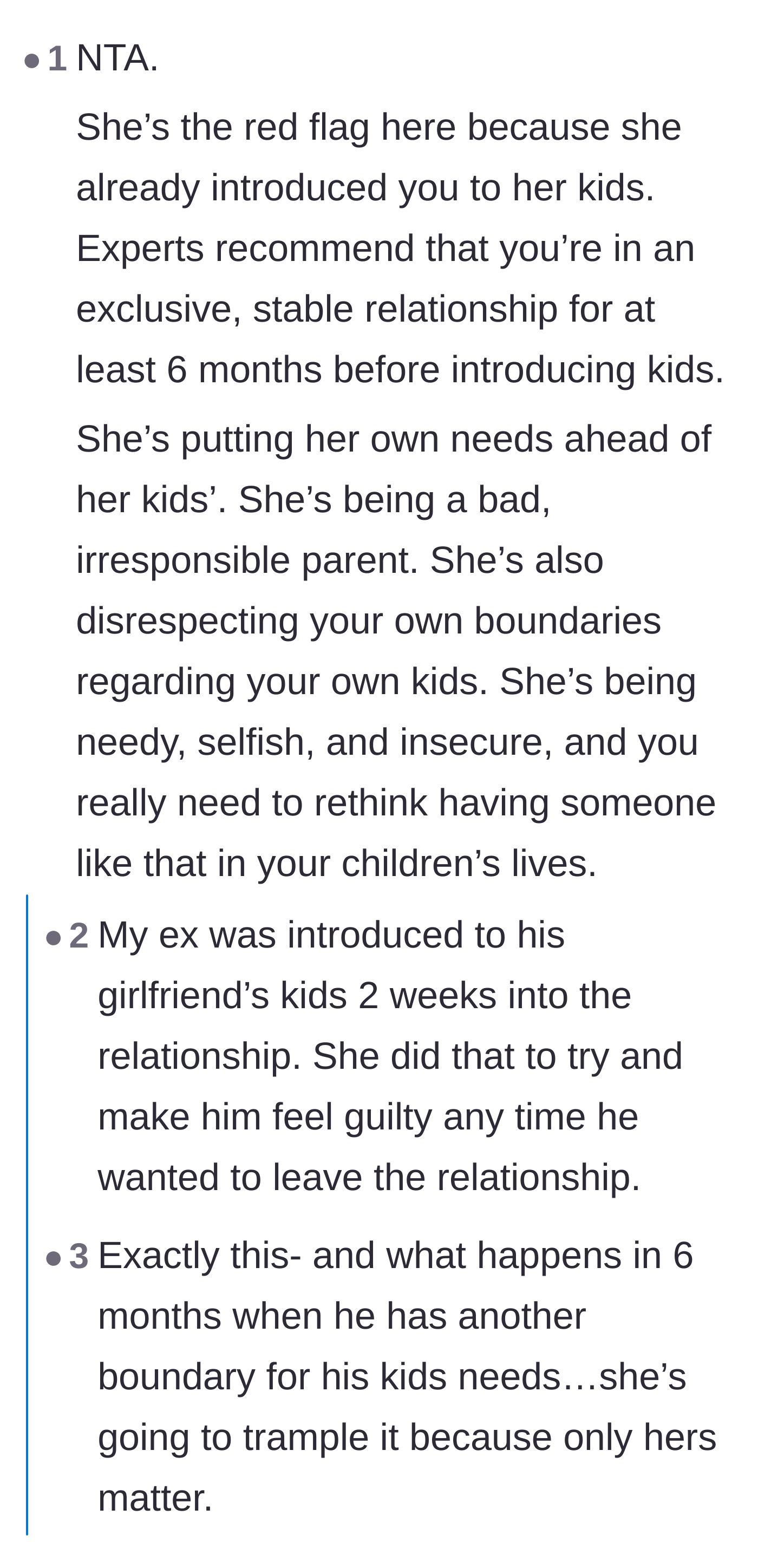 Comment thread 4 - Debating if the girlfriend introducing her own children so quickly is actually a sign of irresponsible parenting.