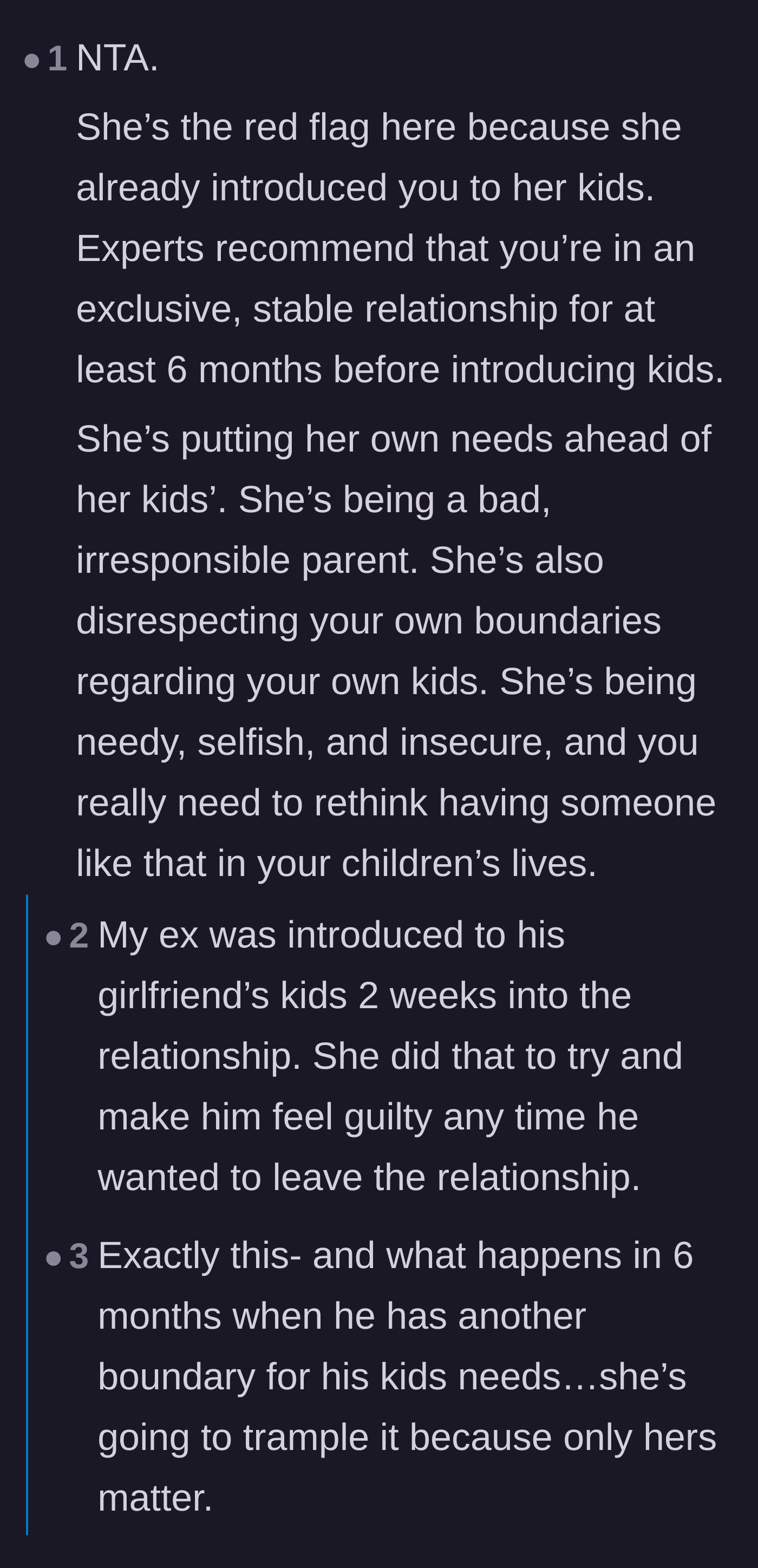 Comment thread 4 - Debating if the girlfriend introducing her own children so quickly is actually a sign of irresponsible parenting.