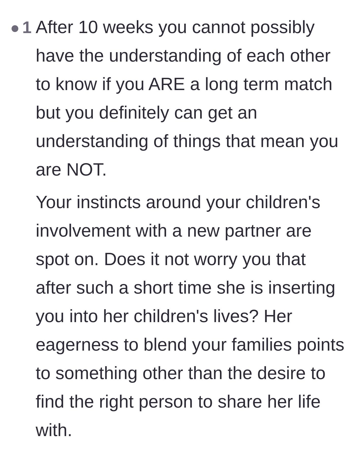 Comment thread 6 - Pointing out that rushing to blend families after only two months suggests an ulterior motive.