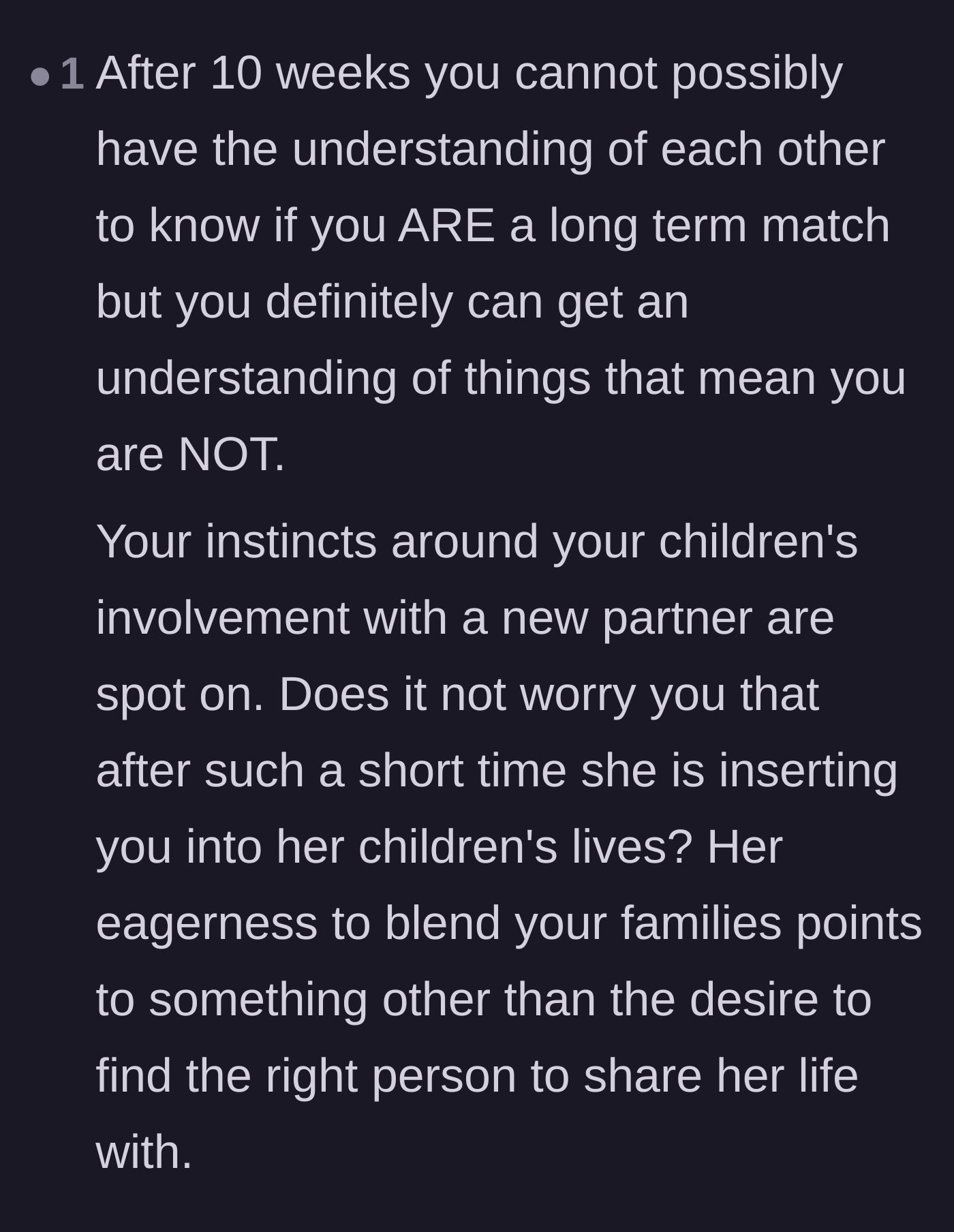 Comment thread 6 - Pointing out that rushing to blend families after only two months suggests an ulterior motive.