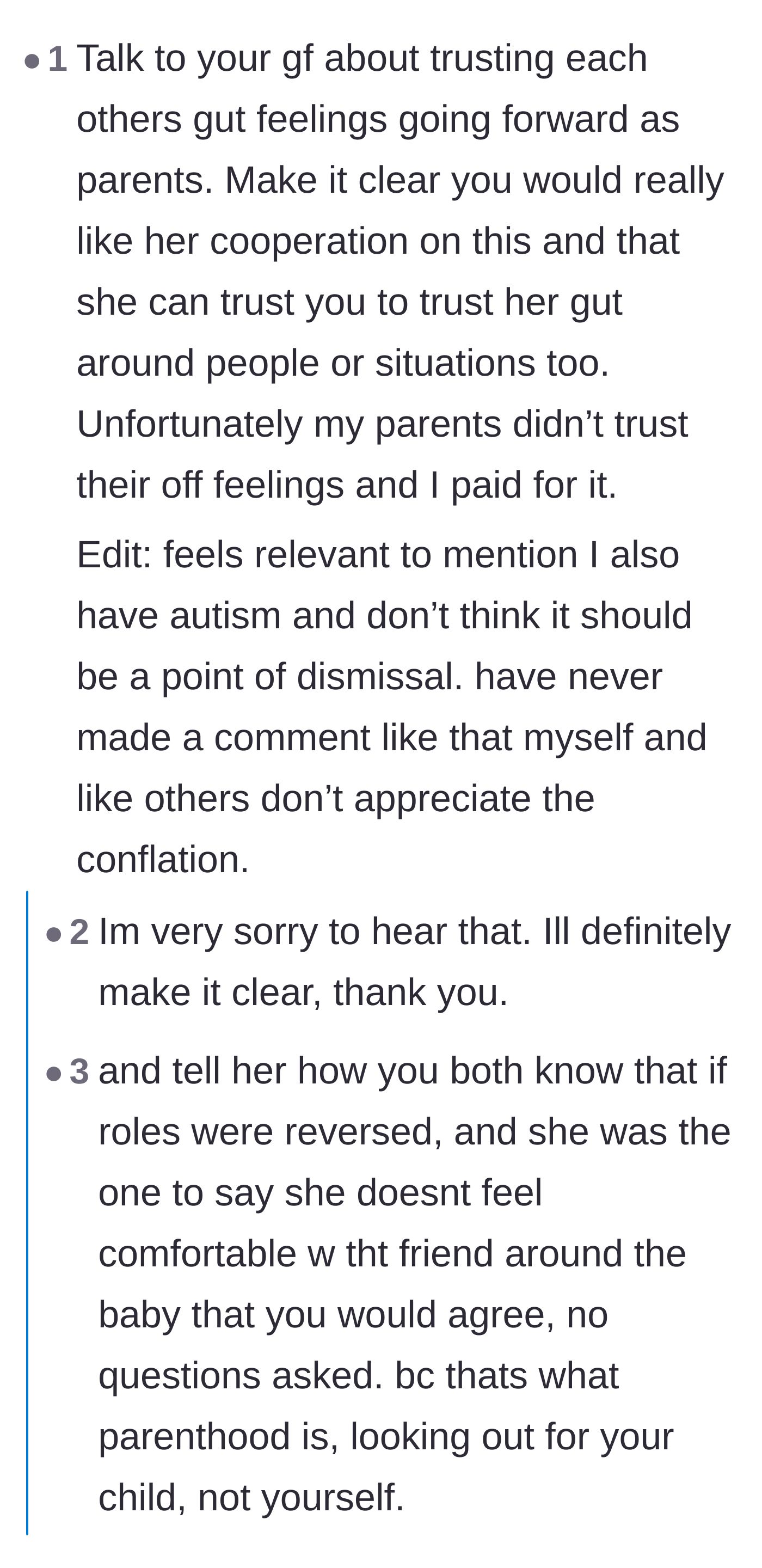 Comment thread 1 - Advice on trusting parental instincts and establishing mutual veto power over who visits the baby.