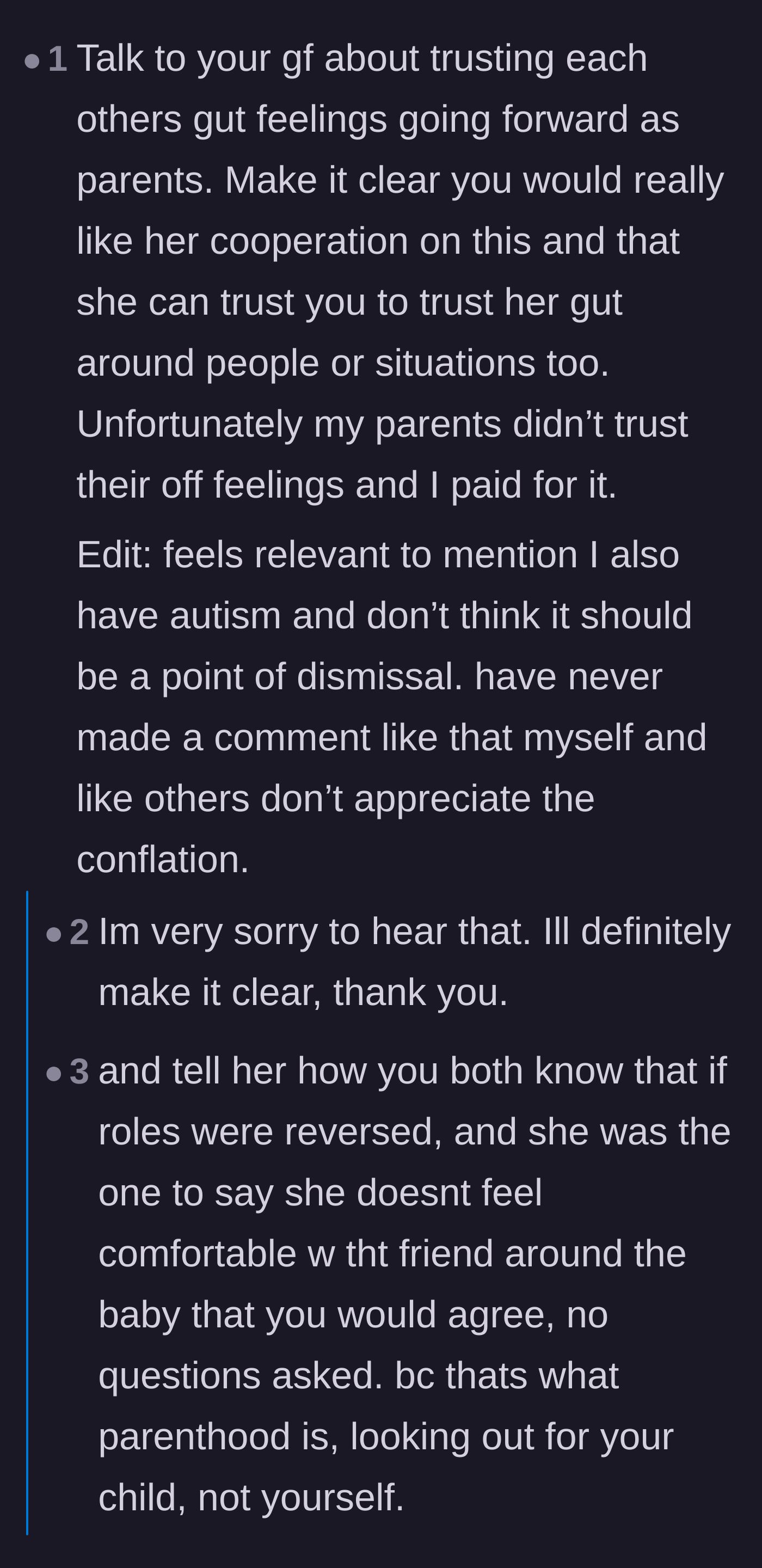 Comment thread 1 - Advice on trusting parental instincts and establishing mutual veto power over who visits the baby.