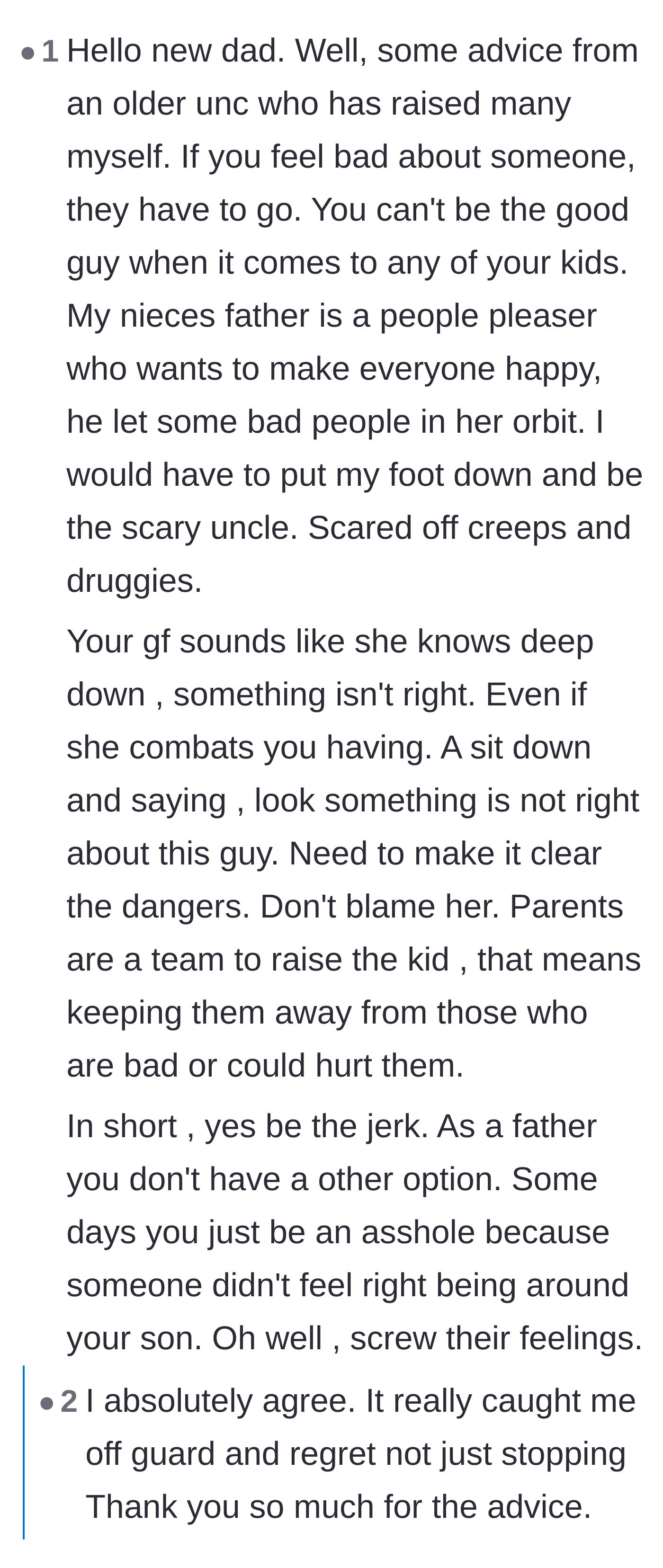 Comment thread 4 - Advice from an older relative on accepting the role of the bad guy to keep children safe.