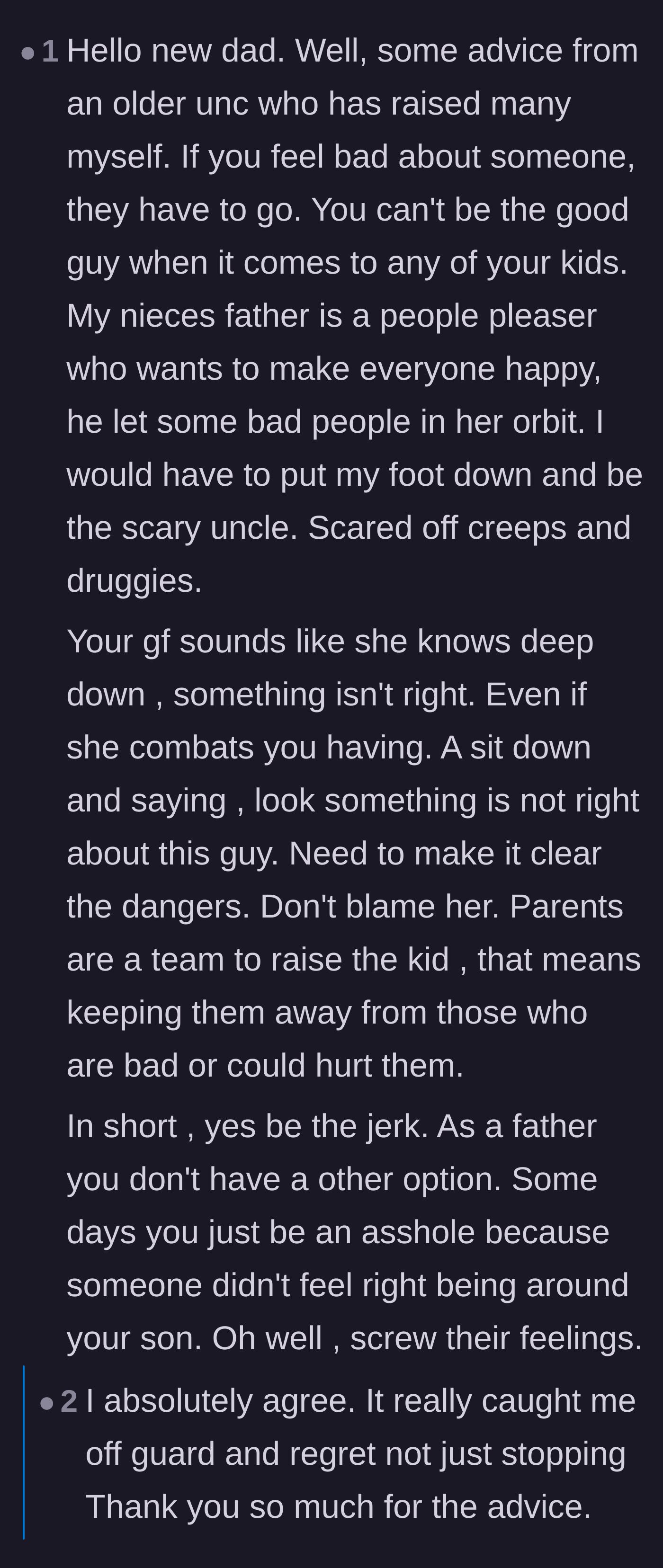 Comment thread 4 - Advice from an older relative on accepting the role of the bad guy to keep children safe.