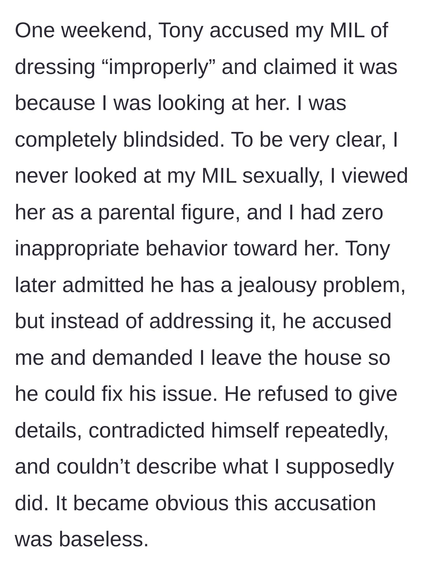 Story part 2 - The father-in-law falsely accuses the author of looking at his wife, admits it's his own jealousy problem, but kicks the author out anyway.