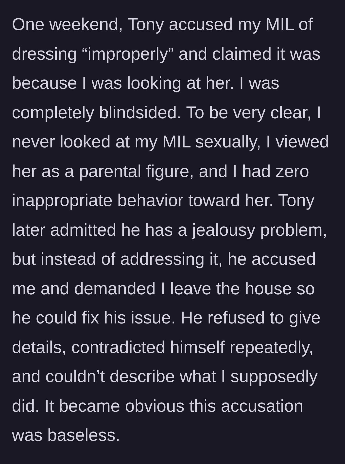 Story part 2 - The father-in-law falsely accuses the author of looking at his wife, admits it's his own jealousy problem, but kicks the author out anyway.