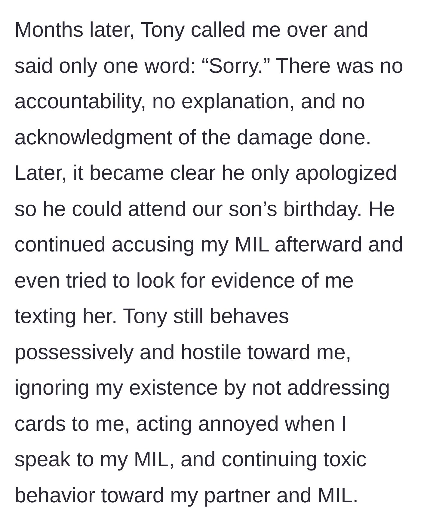 Story part 4 - The father-in-law offers a fake one-word apology just to attend a grandson's birthday, then resumes his hostile and paranoid behavior.
