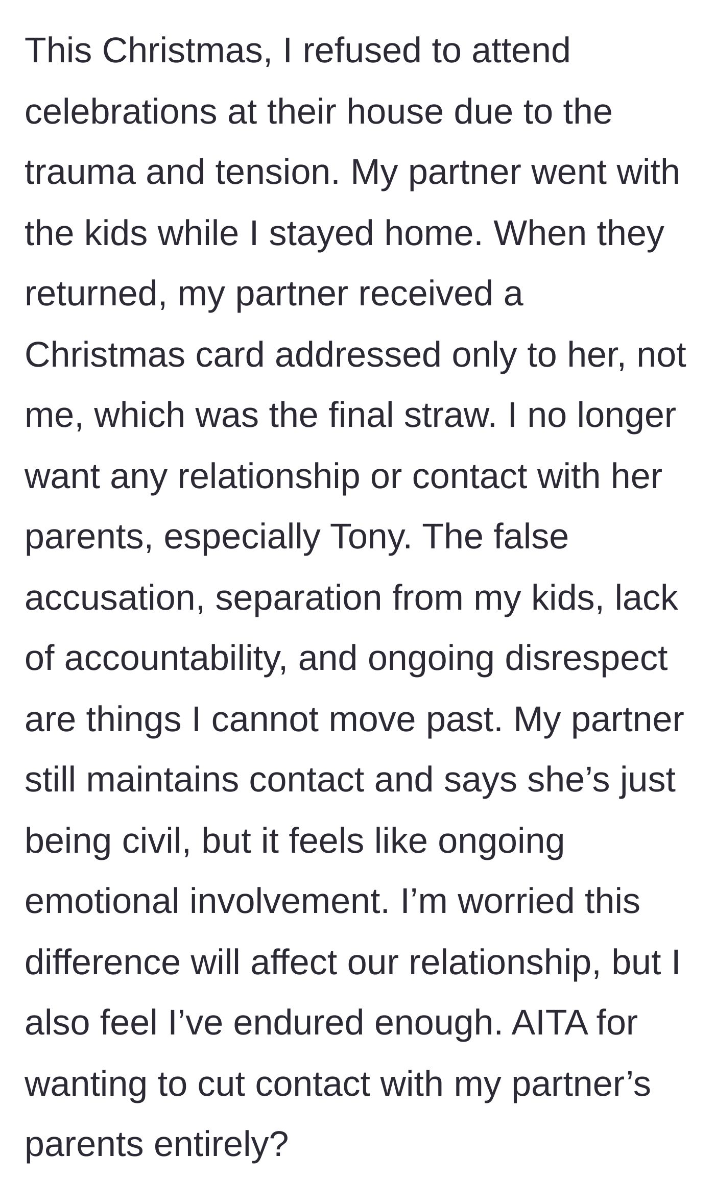 Story part 5 - The author skips Christmas with the in-laws to protect his mental health, receives a deliberately exclusionary Christmas card, and worries about his relationship as his partner stays in contact.