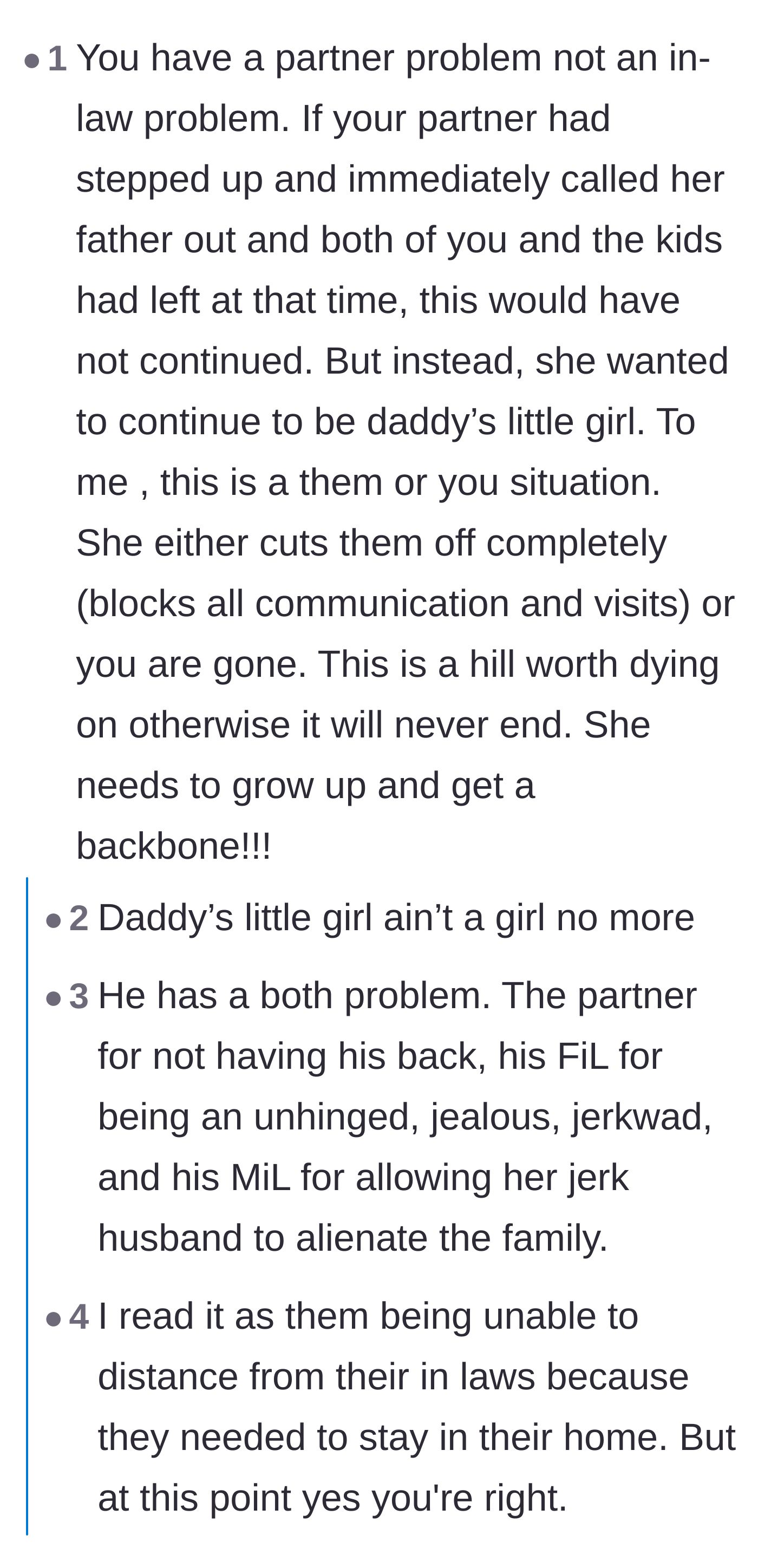 Comment thread 1 - Advice pointing out that the real issue is the partner failing to defend the author against her father.
