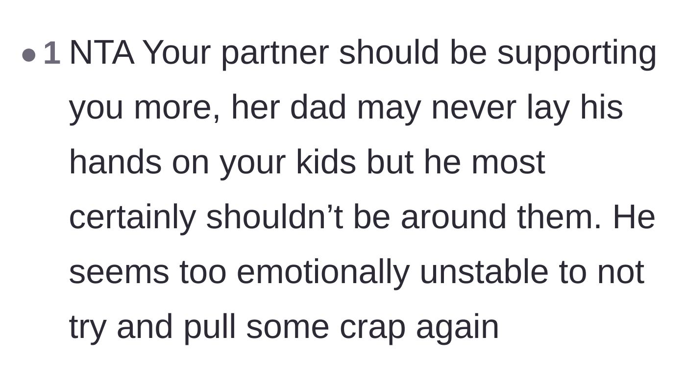Comment thread 2 - Discussion about the father-in-law's emotional instability and the danger of leaving the kids around him.