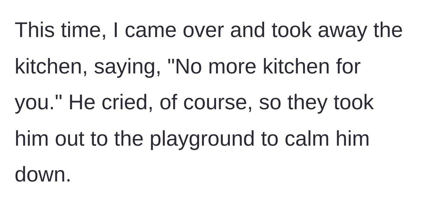 Story part 6 - The father steps in, takes the toy away, and the in-laws take the crying toddler outside.