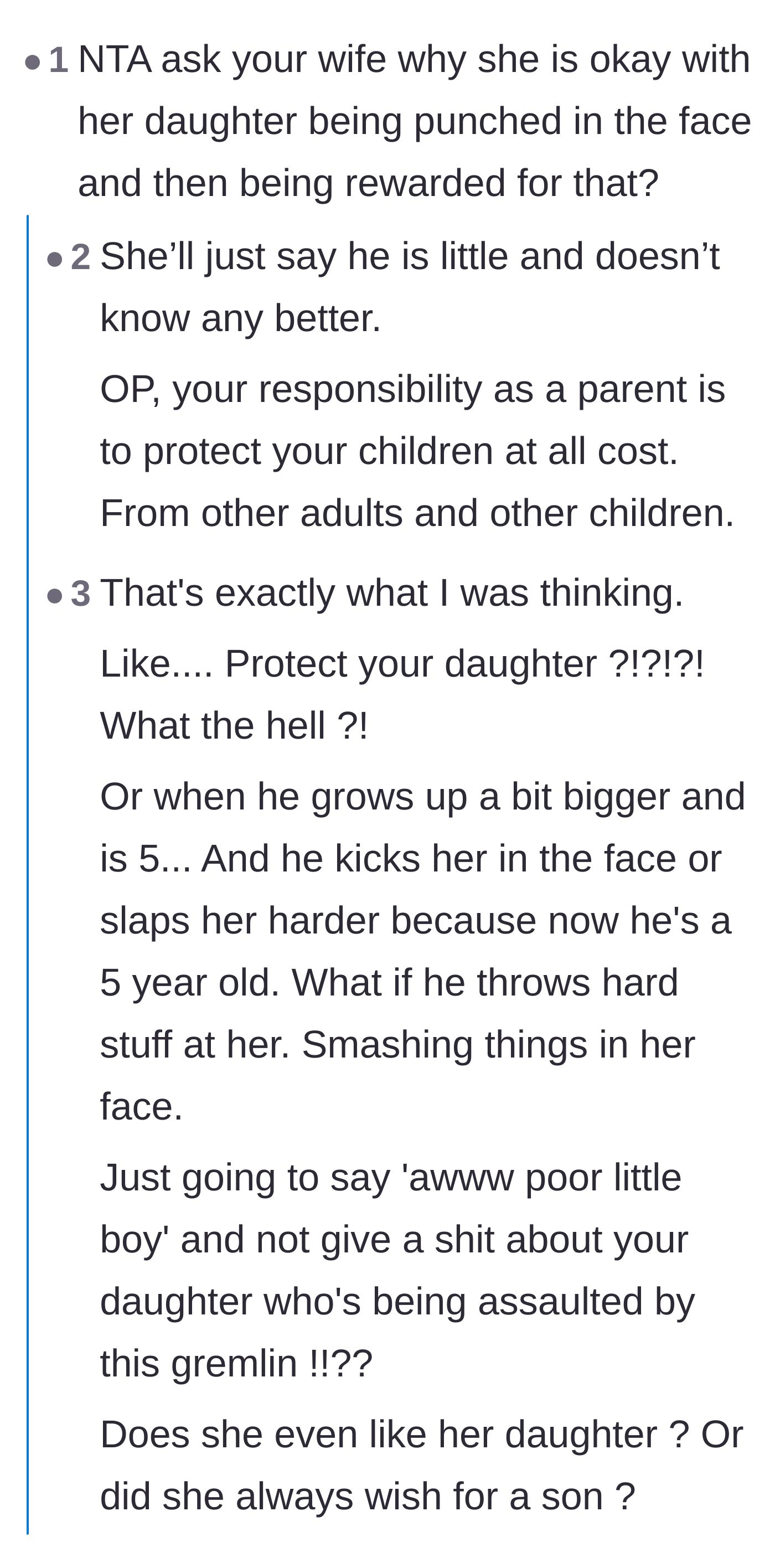Comment thread 2 - A debate on age-appropriate discipline and the wife's alarming lack of protective instinct for her baby.