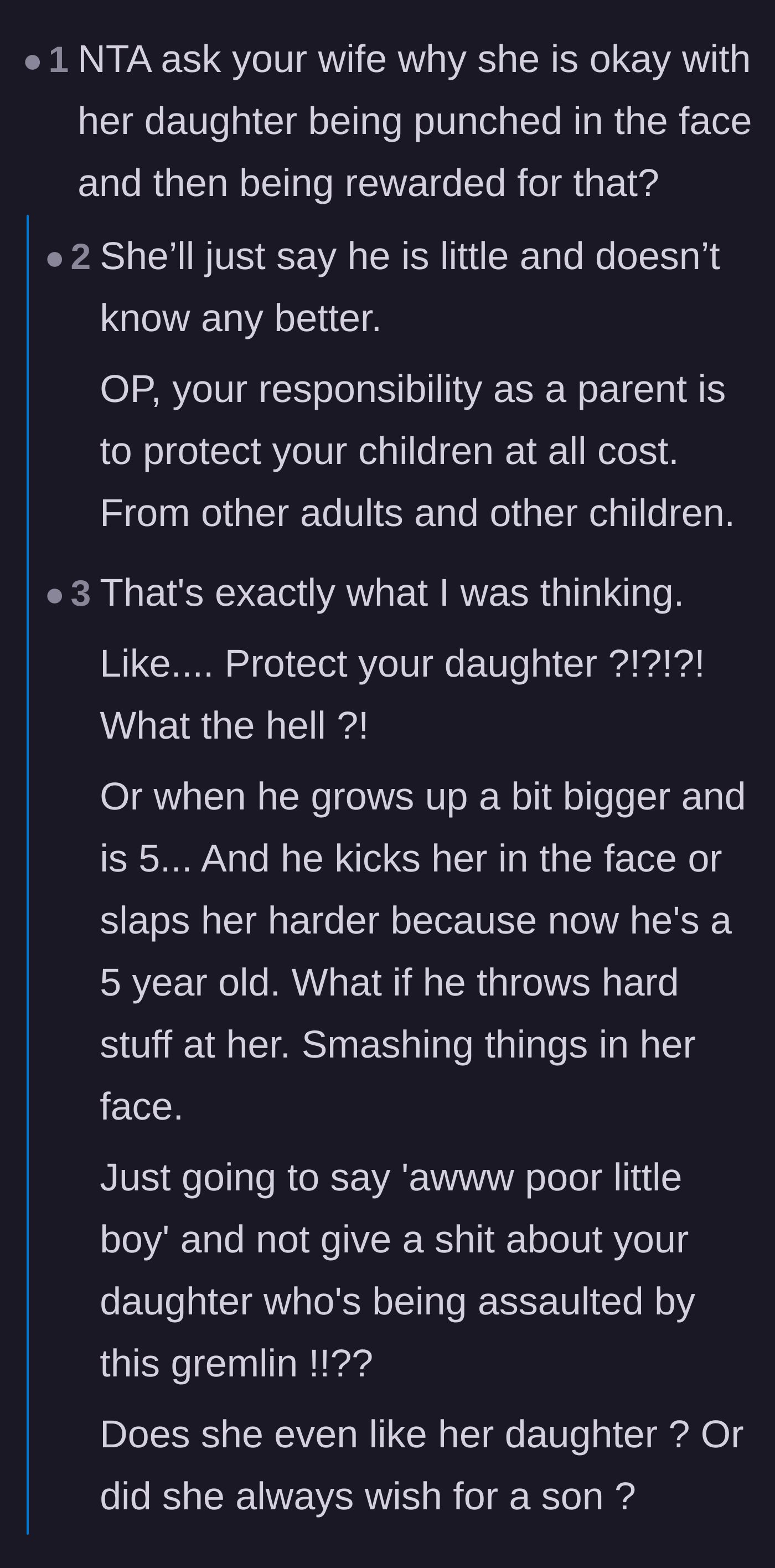 Comment thread 2 - A debate on age-appropriate discipline and the wife's alarming lack of protective instinct for her baby.