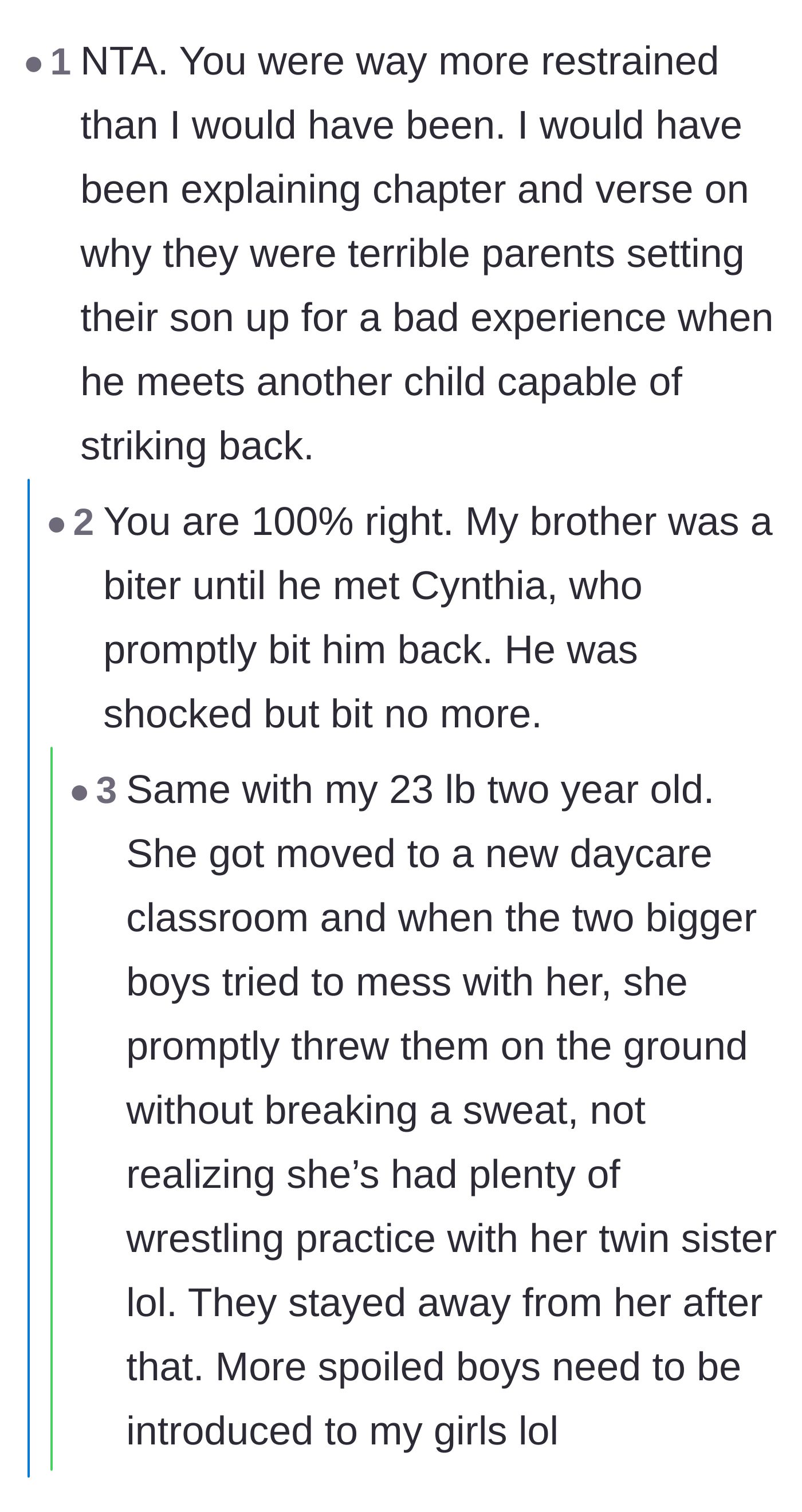 Comment thread 3 - Commenters swapping wild stories of children taking discipline into their own hands when adults fail.