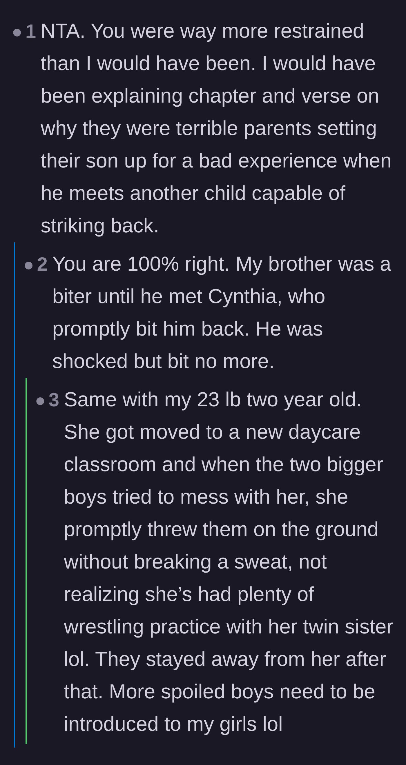 Comment thread 3 - Commenters swapping wild stories of children taking discipline into their own hands when adults fail.