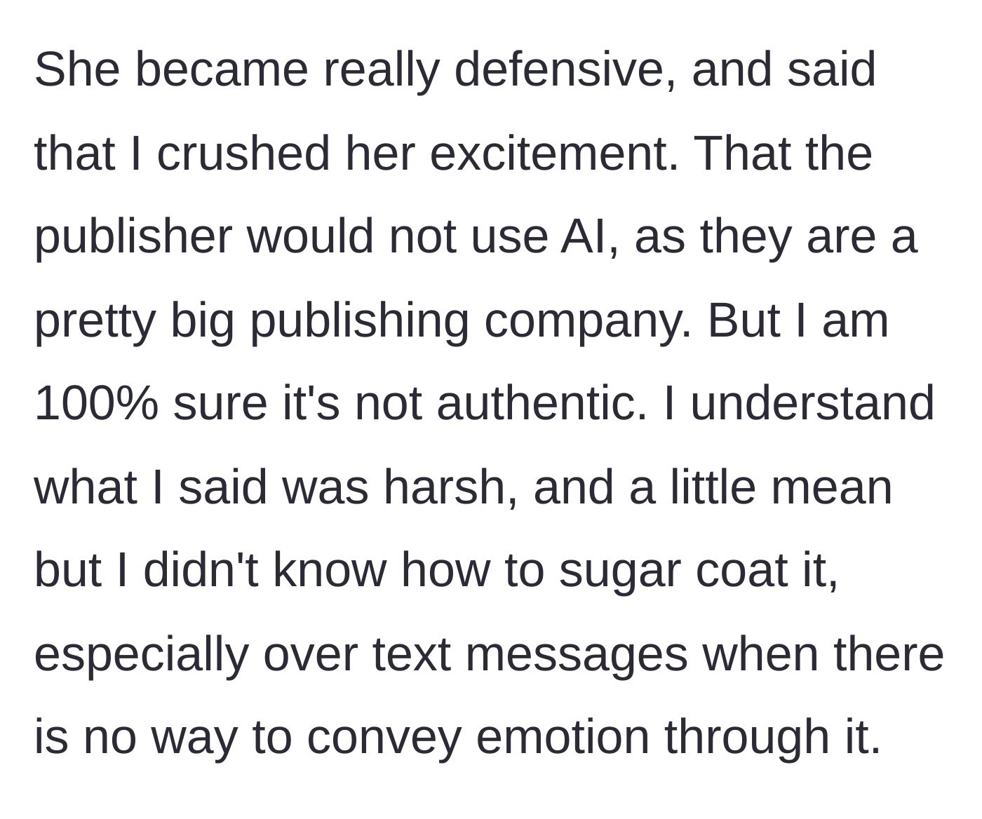 Story part 4 - The author defending the publisher and getting her feelings hurt over text