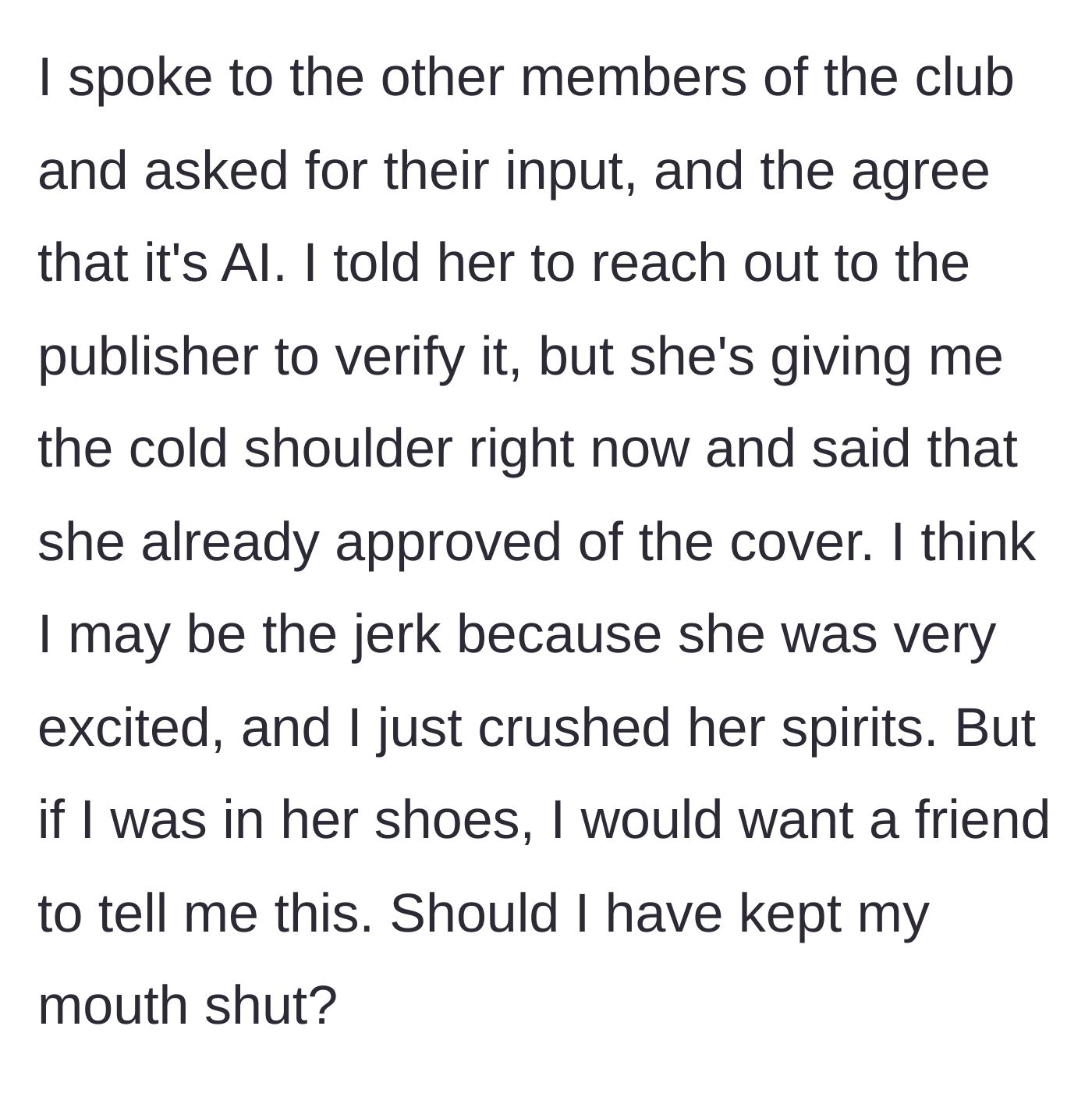 Story part 5 - The book club agreeing it's a fake cover while the author gives the silent treatment