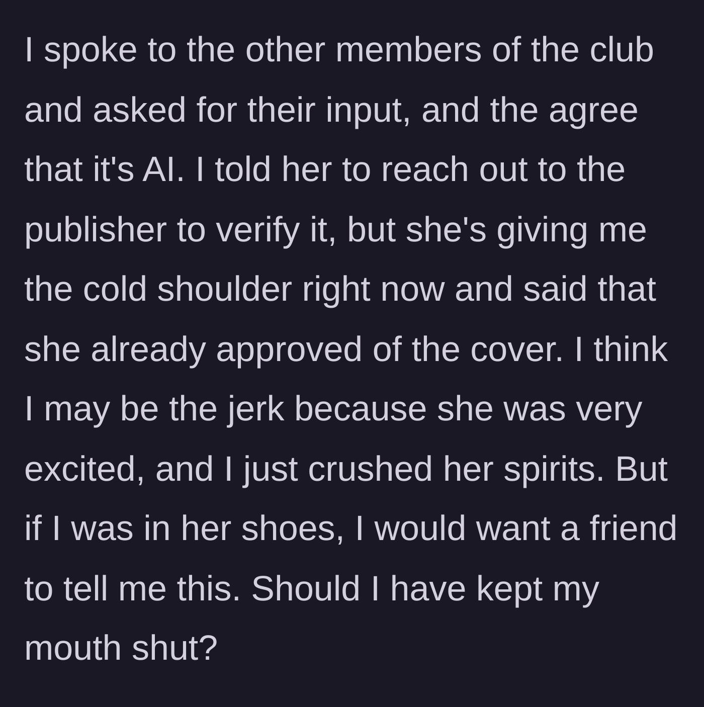 Story part 5 - The book club agreeing it's a fake cover while the author gives the silent treatment