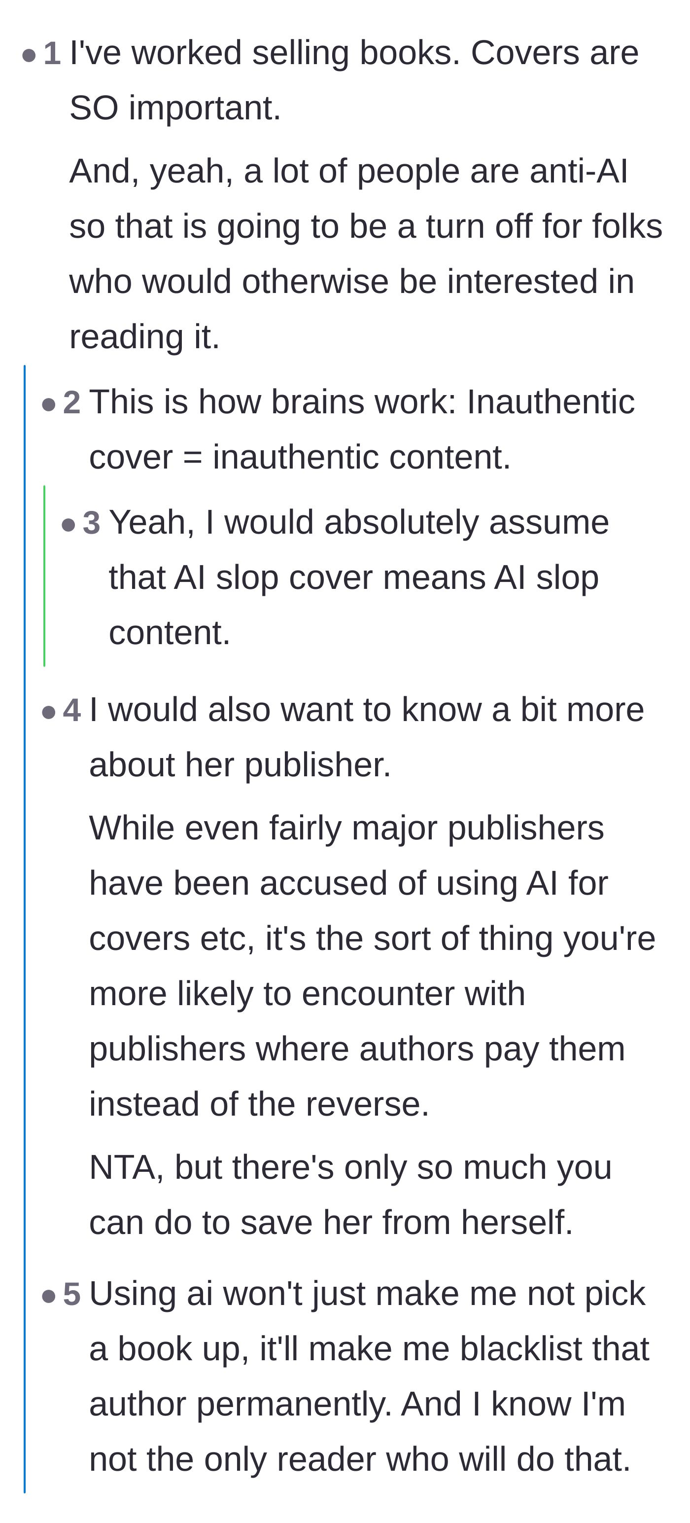 Comment thread 1 - A debate among readers and industry insiders about how an artificial cover immediately signals artificial writing to buyers.