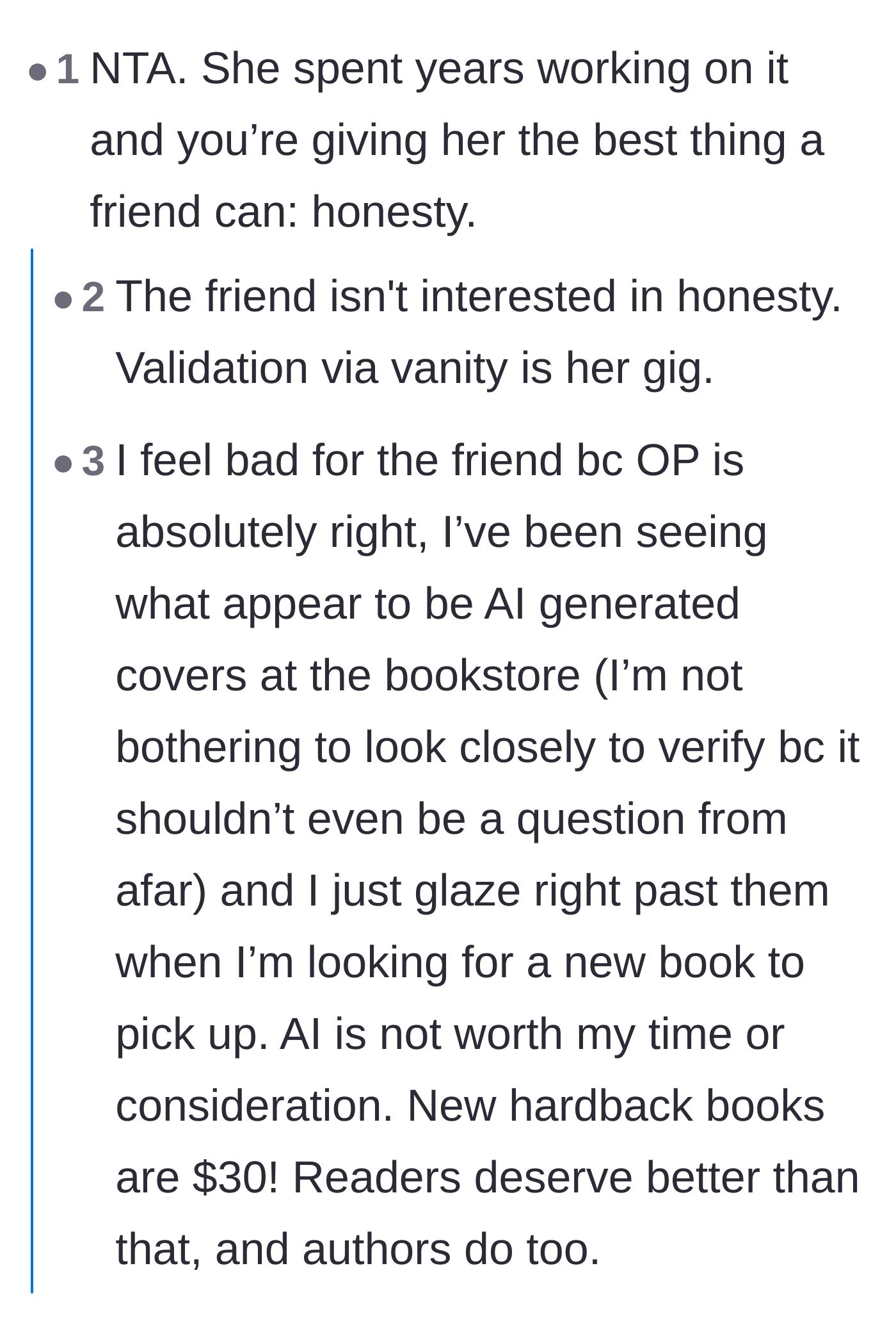 Comment thread 2 - A discussion on the high cost of books and why readers refuse to spend thirty dollars on artificially generated content.