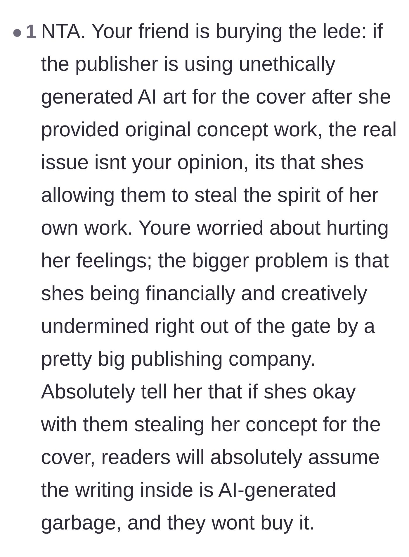 Comment thread 4 - A commenter pointing out the power dynamic of a large publisher financially and creatively undermining a debut author.