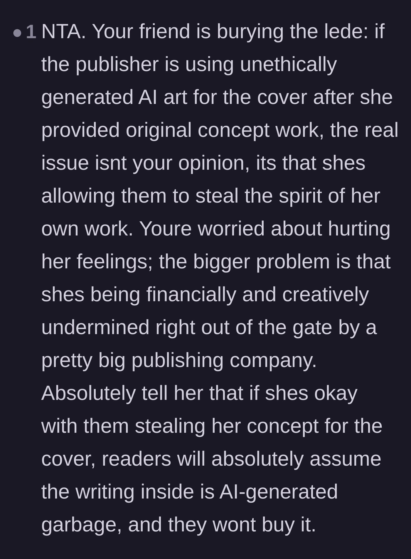 Comment thread 4 - A commenter pointing out the power dynamic of a large publisher financially and creatively undermining a debut author.