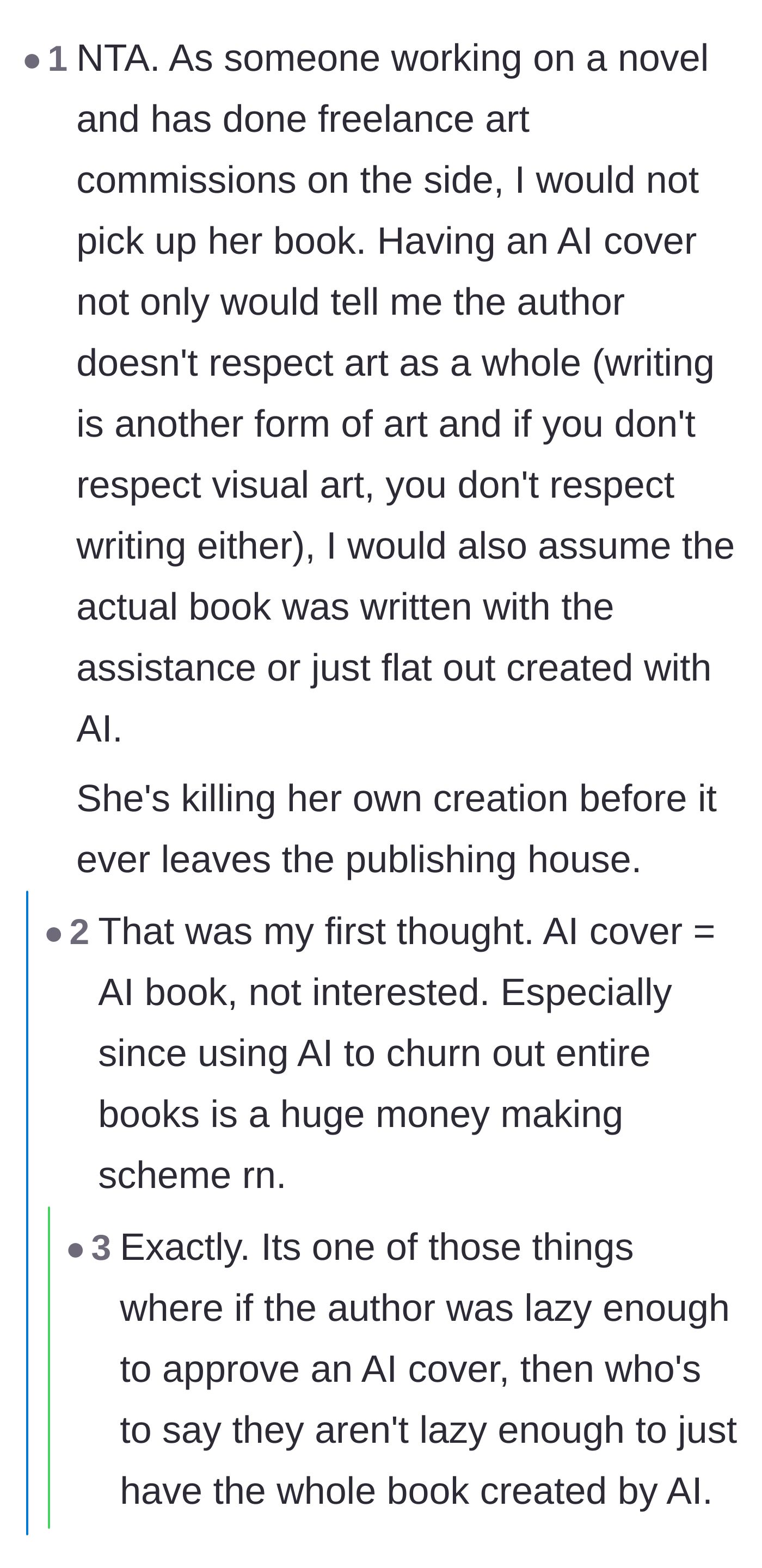 Comment thread 5 - Fellow artists and writers discussing how accepting an artificial cover shows a fundamental disrespect for all creative arts.
