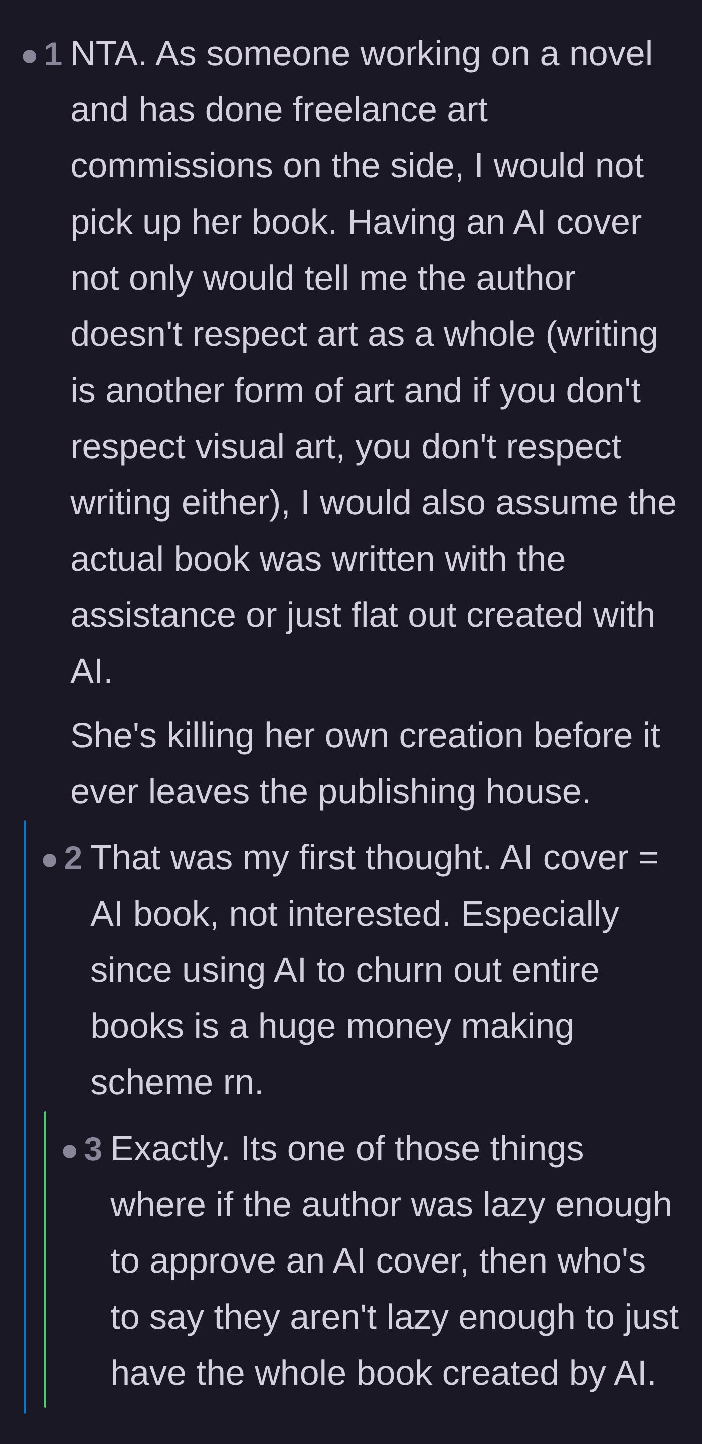 Comment thread 5 - Fellow artists and writers discussing how accepting an artificial cover shows a fundamental disrespect for all creative arts.