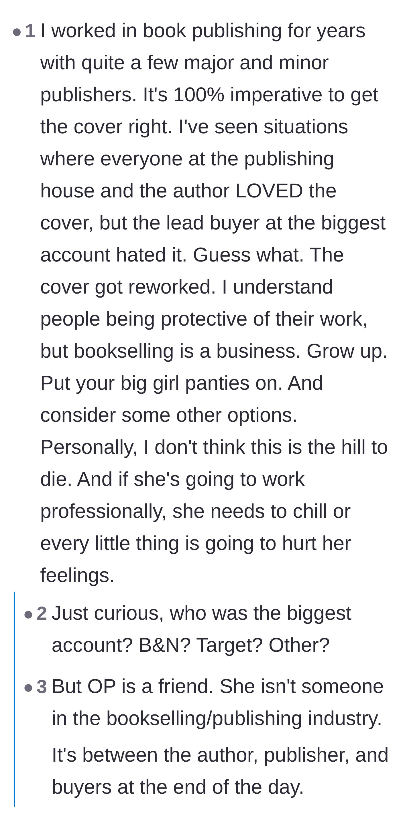 Comment thread 6 - A former publishing professional explaining the cold business mechanics of book covers and retailer demands.