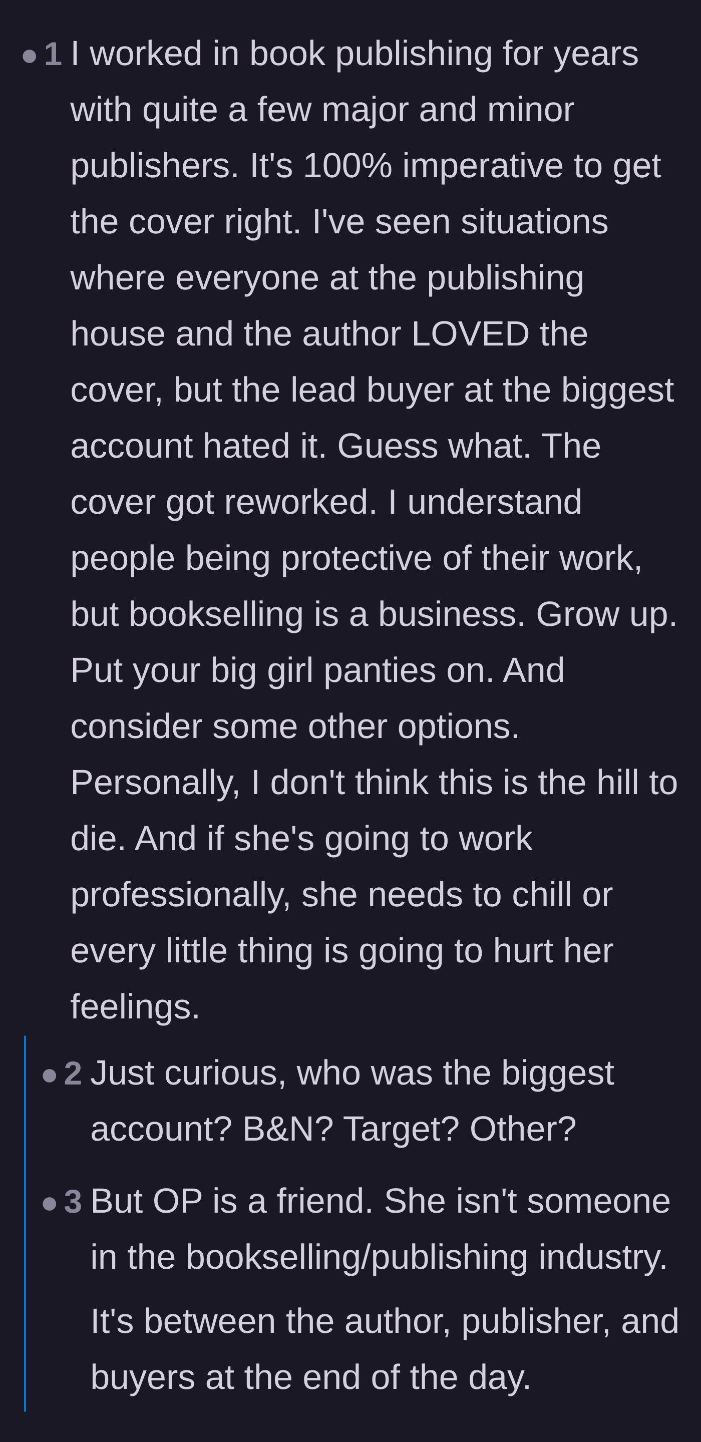 Comment thread 6 - A former publishing professional explaining the cold business mechanics of book covers and retailer demands.