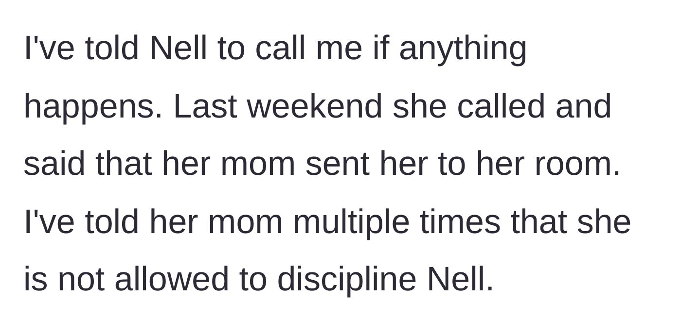 Story part 2 - The granddaughter calls her grandfather during a visit, stating her mother sent her to her room, violating a strict boundary against the mother discipling her.