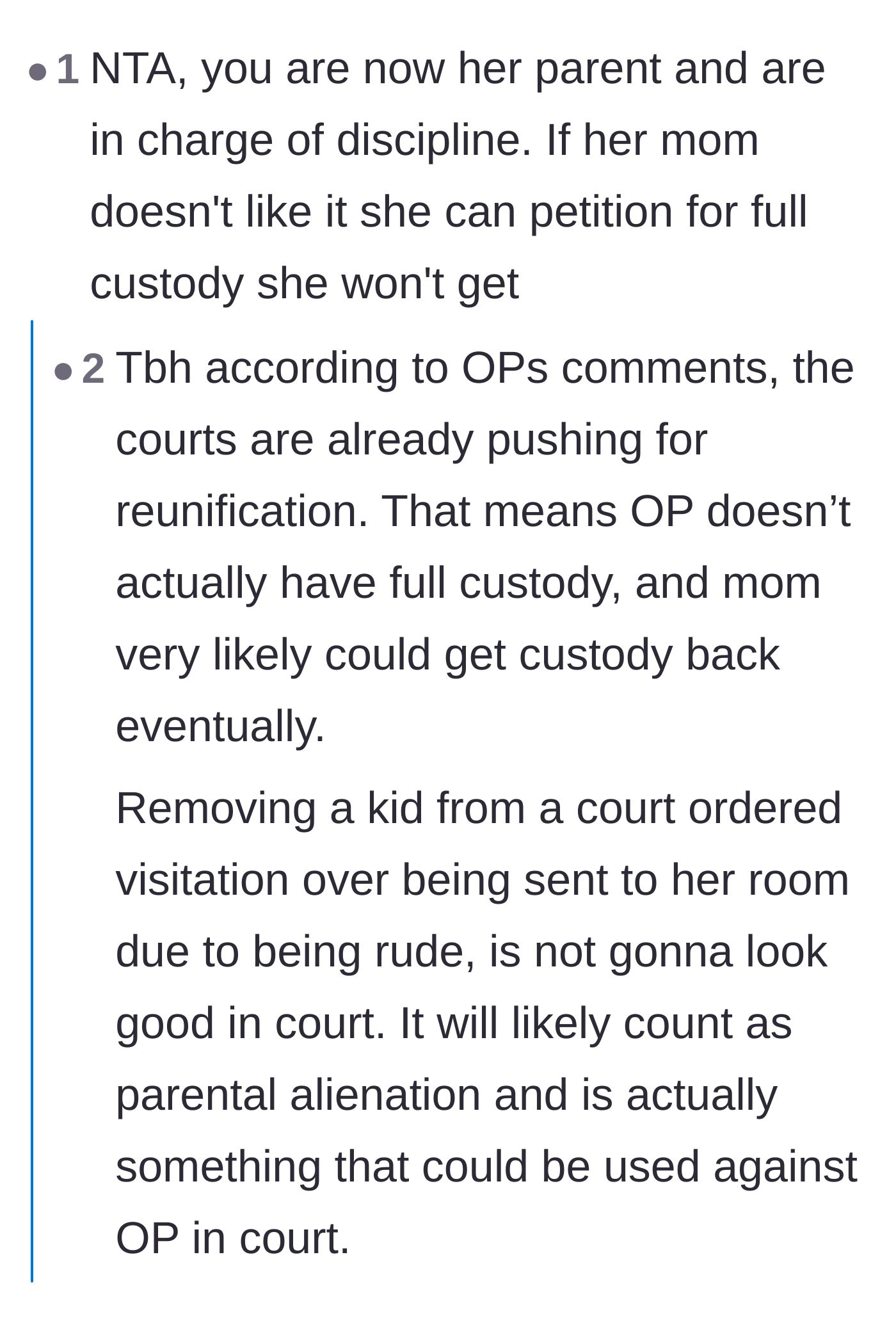 Comment thread 1 - A debate on whether removing the teenager from visitation violates court orders versus protecting her from a triggering punishment