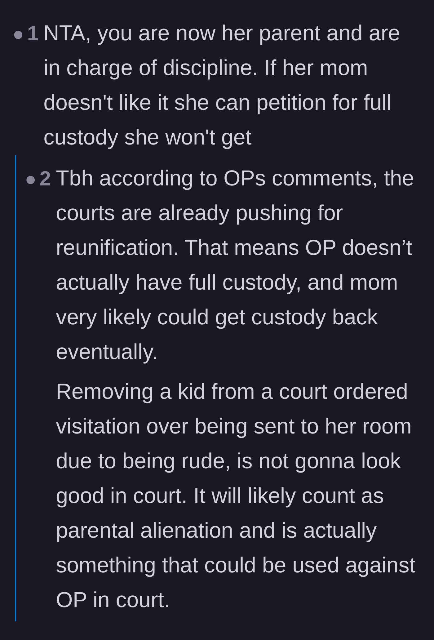 Comment thread 1 - A debate on whether removing the teenager from visitation violates court orders versus protecting her from a triggering punishment
