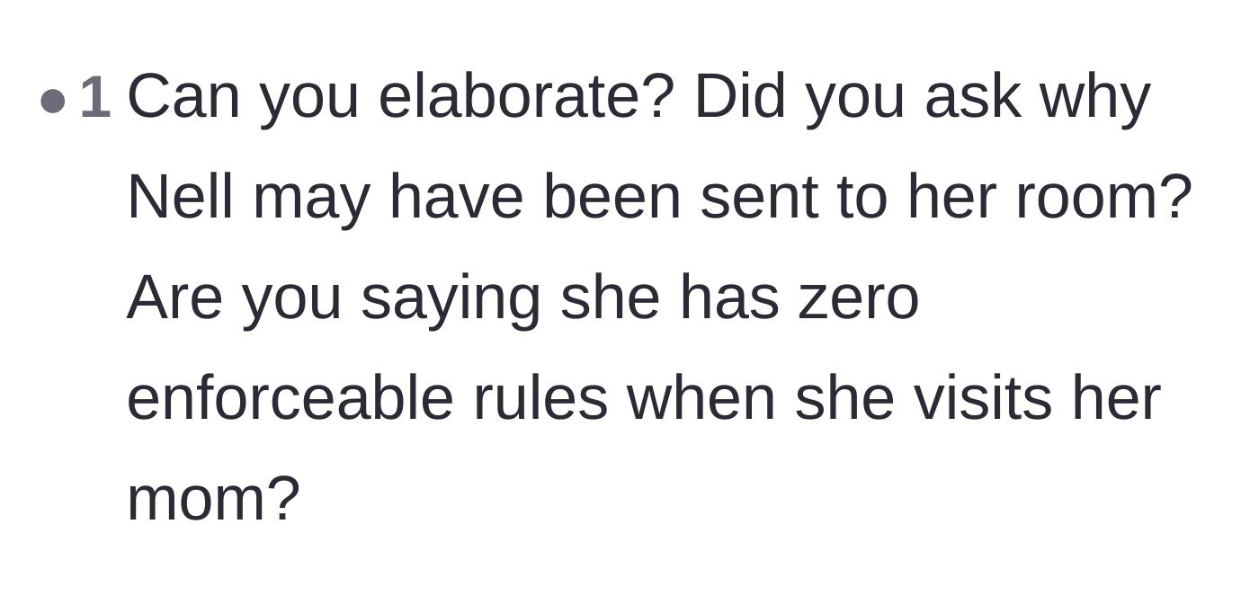 Comment thread 3 - Questions asking for context on why the teenager was punished and if she has any rules at her mother's house