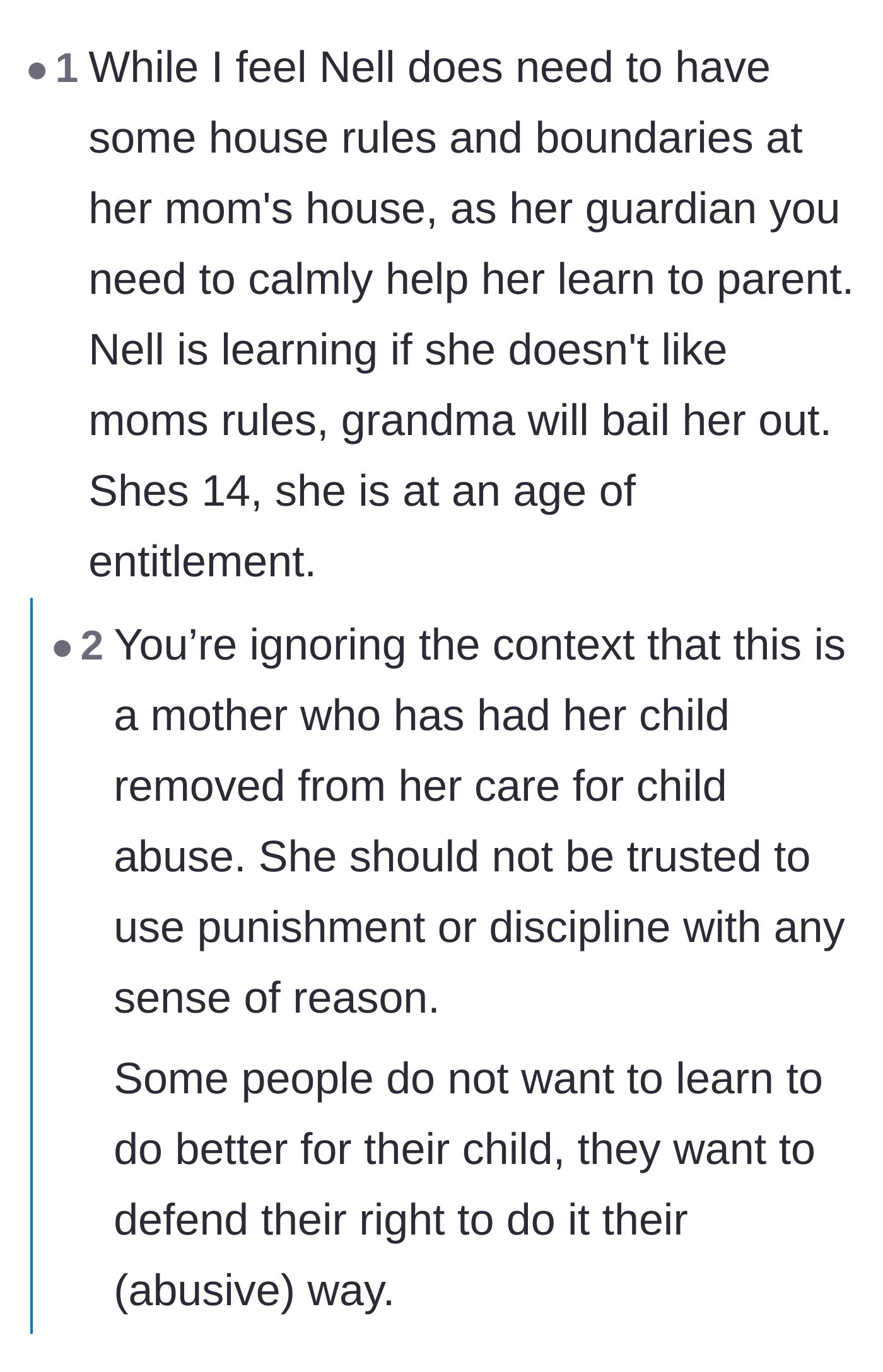 Comment thread 5 - An argument about whether the teenager is learning entitlement, countered by reminders of the mother's abusive history
